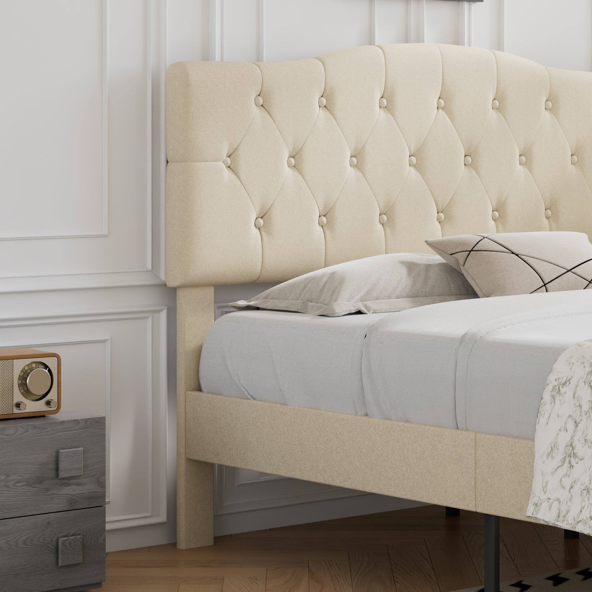 Back. Vecelo - Queen Upholstered Platform Bed Frame with Adjustable Tufted Headboard, Heavy-Duty Metal & Wood Slats, Noise-Free Design - Beige.