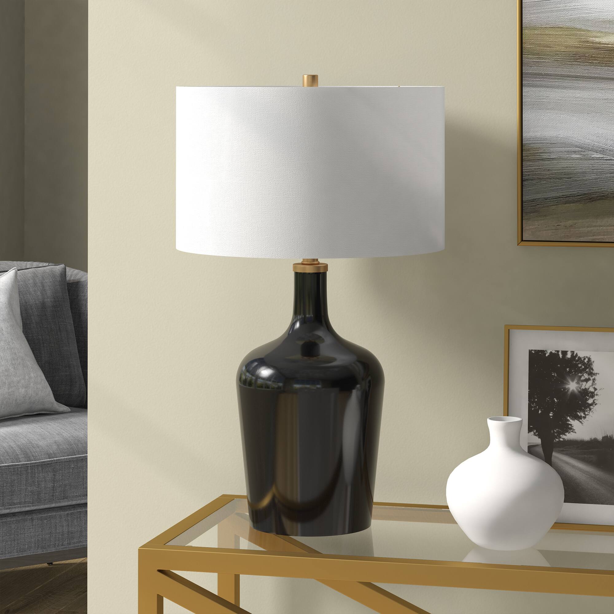 Angle. Hudson&Canal - Sebago 25" Tall Table Lamp with Fabric Shade in Black/White - Black.