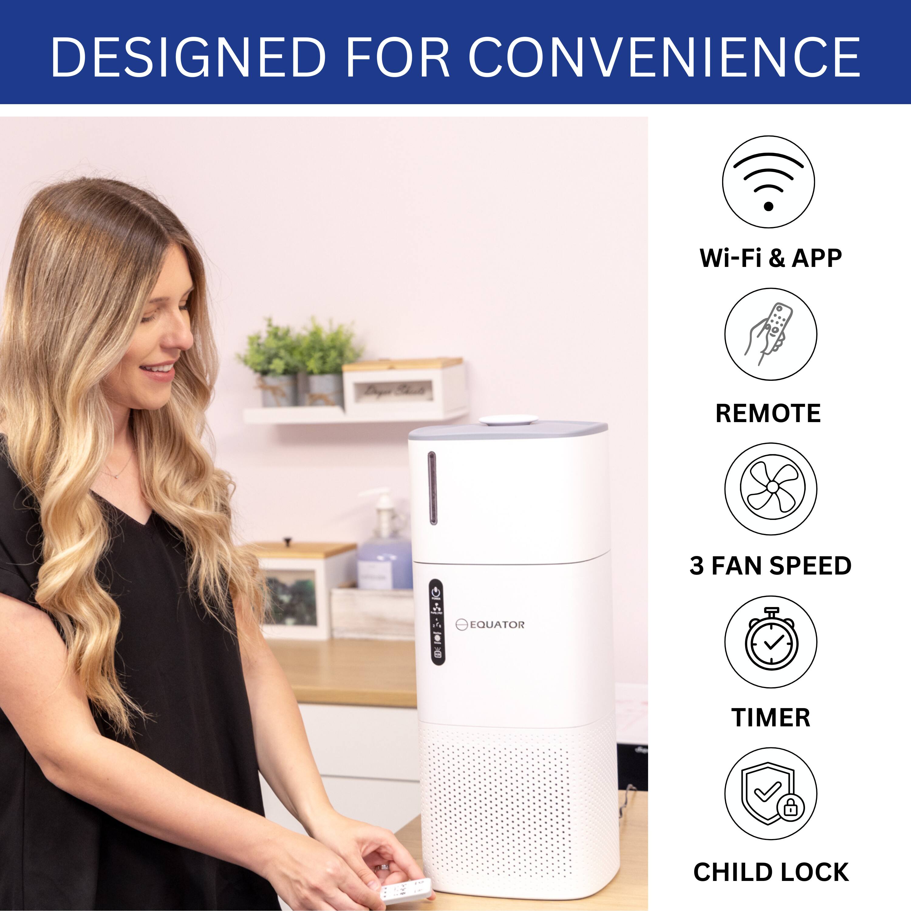 DESIGNED FOR CONVENIENCE

Wi-Fi & APP  
REMOTE  
3 FAN SPEED  
TIMER  
CHILD LOCK