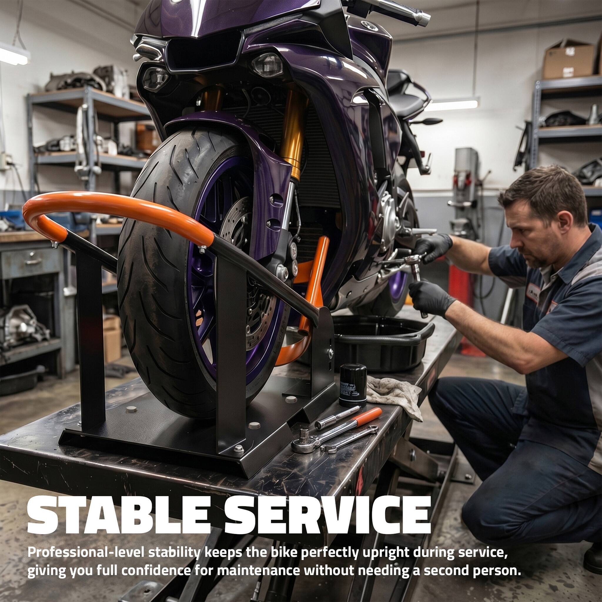 STABLE SERVICE  
Professional-level stability keeps the bike perfectly upright during service, giving you full confidence for maintenance without needing a second person.