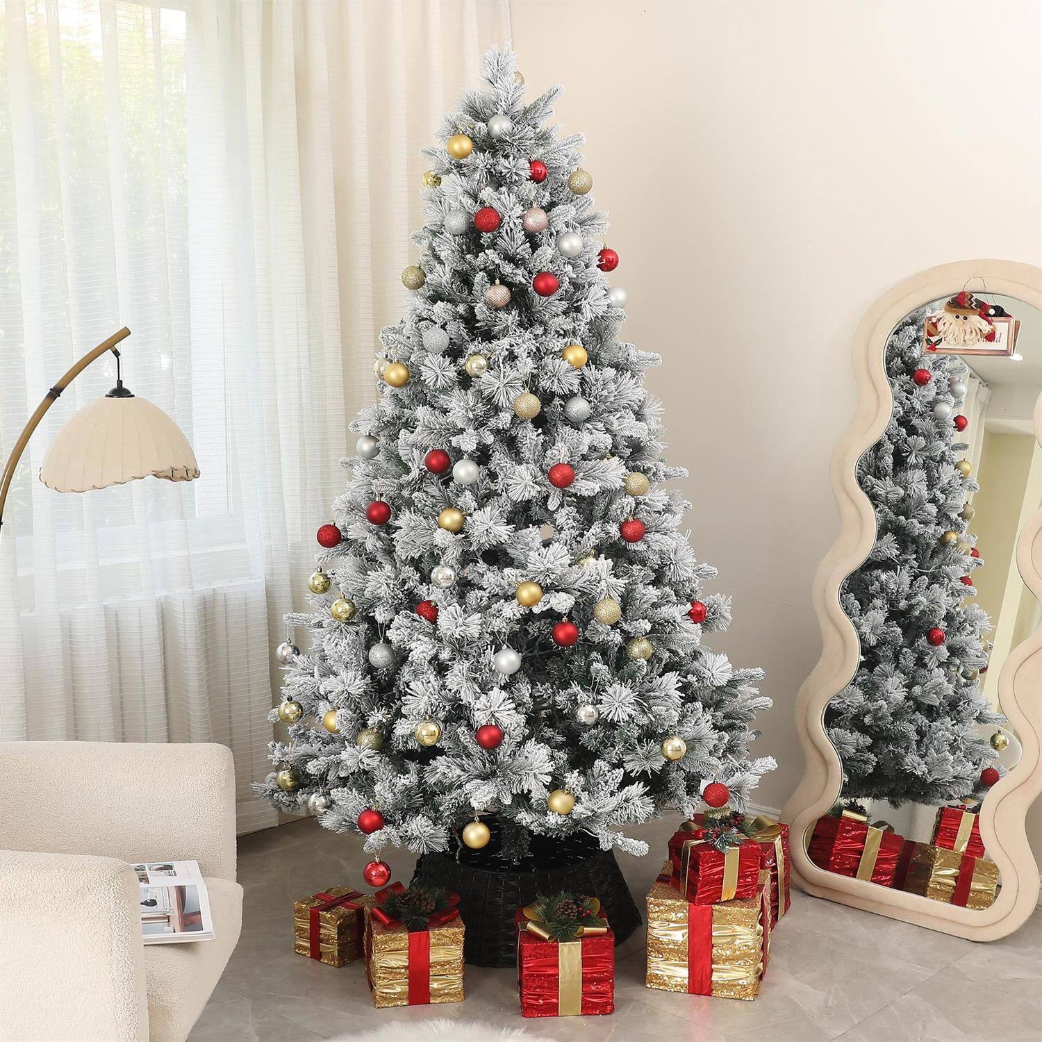 Pefilos - 7.5ft Tall Prelit Flocked Artificial Christmas Tree with 500 Clear Lights and 1530 Tips, Metal Stand - Green