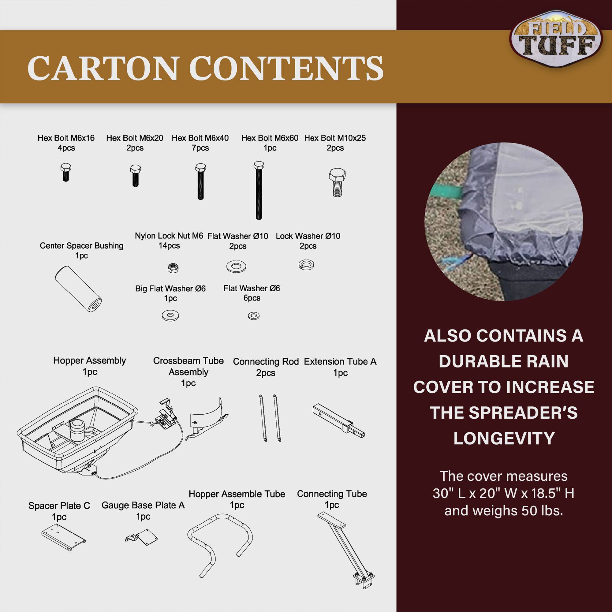 CARTON CONTENTS

- Hex Bolt M6x16: 4pcs
- Hex Bolt M6x20: 2pcs
- Hex Bolt M6x40: 7pcs
- Hex Bolt M6x60: 1pc
- Hex Bolt M10x25: 2pcs
- Center Spacer Bushing: 1pc
- Nylon Lock Nut M6: 14pcs
- Flat Washer Ø10: 2pcs
- Lock Washer Ø10: 2pcs
- Big Flat Washer Ø6: 1pc
- Flat Washer Ø6: 6pcs
- Hopper Assembly: 1pc
- Crossbeam Tube Assembly: 1pc
- Connecting Rod: 2pcs
- Extension Tube A: 1pc
- Spacer Plate C: 1pc
- Gauge Base Plate A: 1pc
- Hopper Assemble Tube: 1pc
- Connecting Tube: 1pc

ALSO CONTAINS A DURABLE RAIN COVER TO INCREASE THE SPREADER'S LONGEVITY

The cover measures 30" L x 20" W x 18.5" H