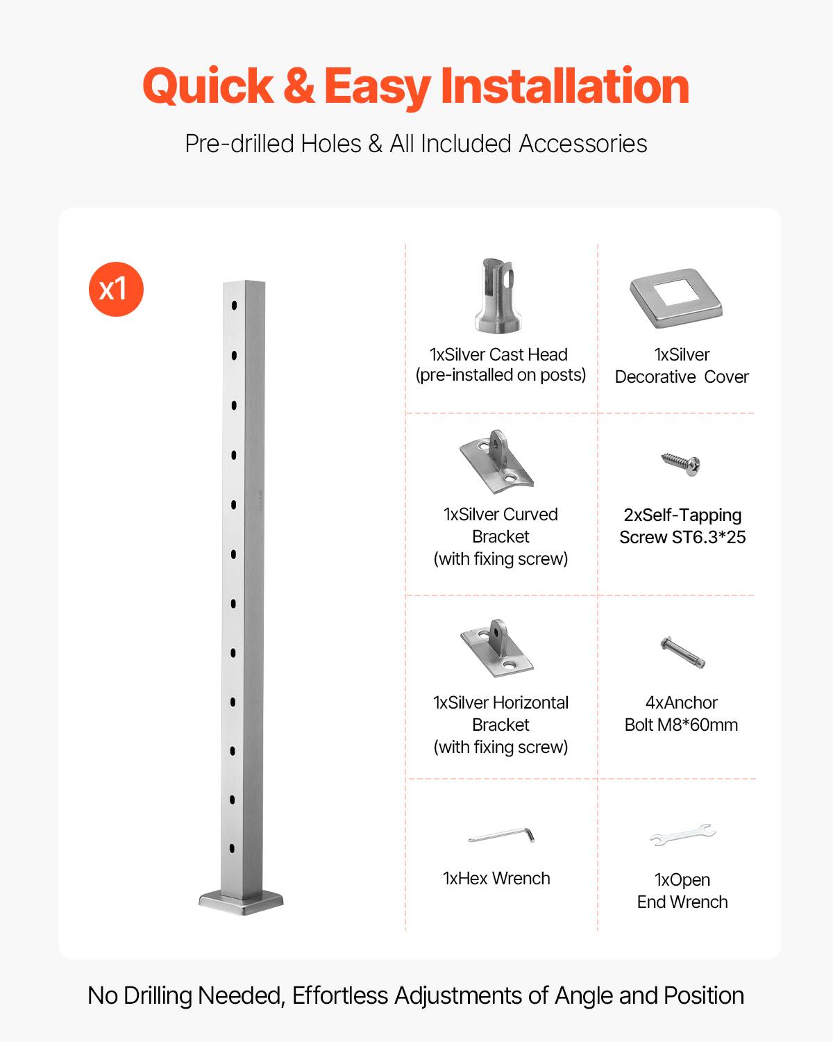Quick & Easy Installation  
Pre-drilled Holes & All Included Accessories  

- 1x Silver Cast Head (pre-installed on posts)  
- 1x Silver Decorative Cover  
- 1x Silver Curved Bracket (with fixing screw)  
- 2x Self-Tapping Screw ST6.3*25  
- 1x Silver Horizontal Bracket (with fixing screw)  
- 4x Anchor Bolt M8*60mm  
- 1x Hex Wrench  
- 1x Open End Wrench  

No Drilling Needed, Effortless Adjustments of Angle and Position