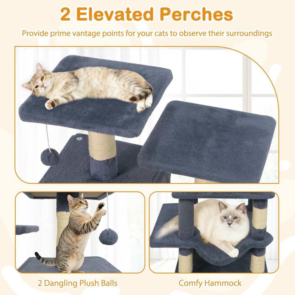 2 Elevated Perches  
Provide prime vantage points for your cats to observe their surroundings  

2 Dangling Plush Balls  

Comfy Hammock