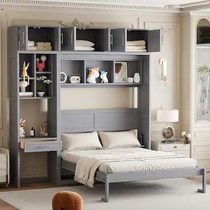 Front. Tiramisubest - Queen Size Murphy Bed with Desk, Storage, Foldable, Gray - Gray.