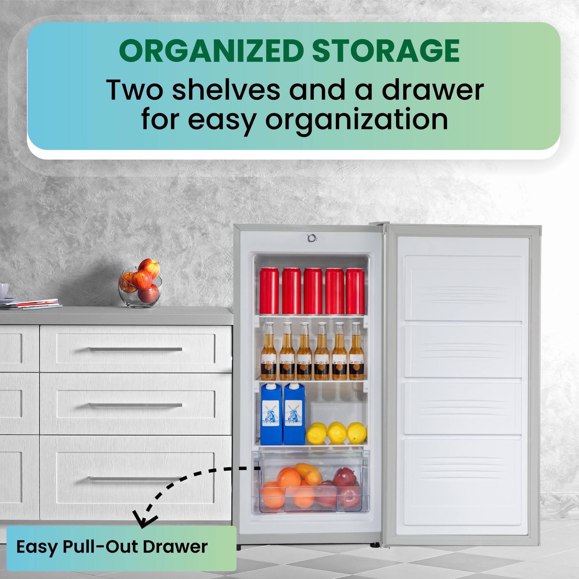 ORGANIZED STORAGE  
Two shelves and a drawer for easy organization  

Easy Pull-Out Drawer
