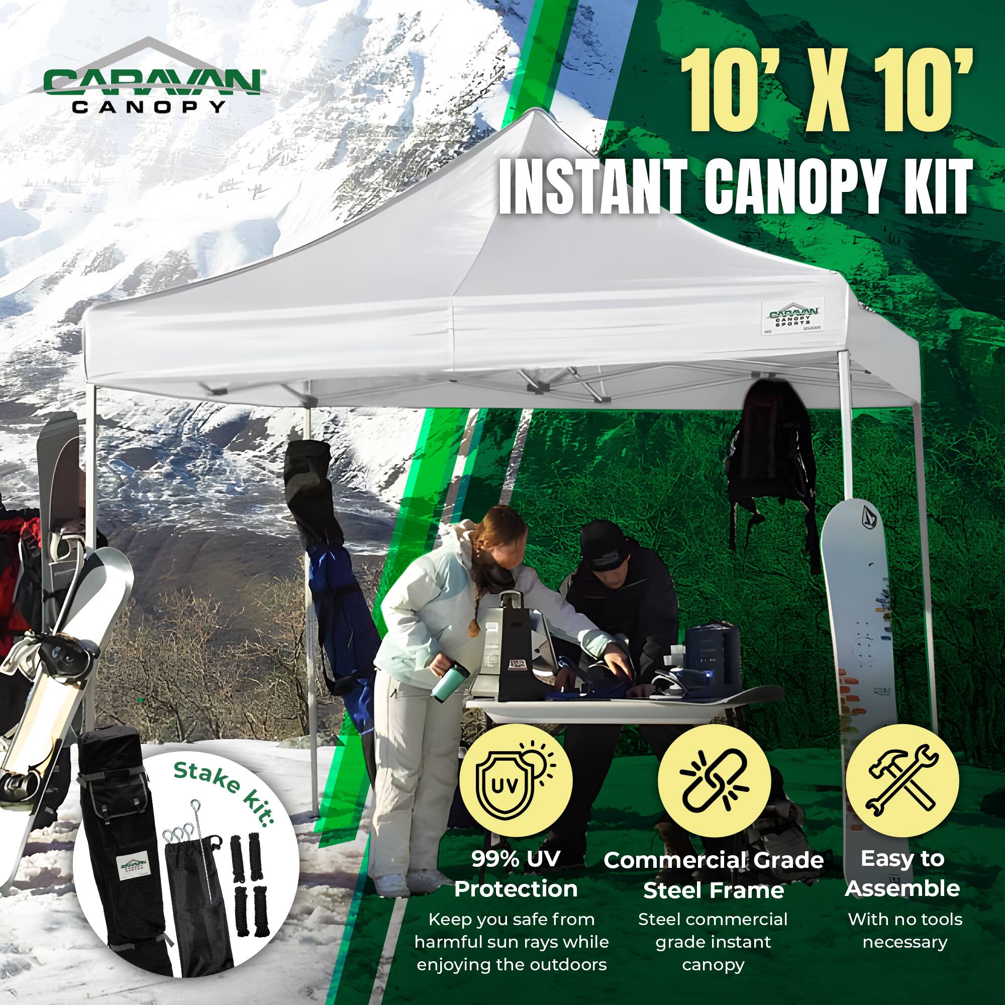 CARAVAN CANOPY 10' X 10' INSTANT CANOPY KIT

- Stake kit
- 99% UV Protection: Keep you safe from harmful sun rays while enjoying the outdoors
- Commercial Grade Steel Frame: Steel commercial grade instant canopy
- Easy to Assemble: With no tools necessary
