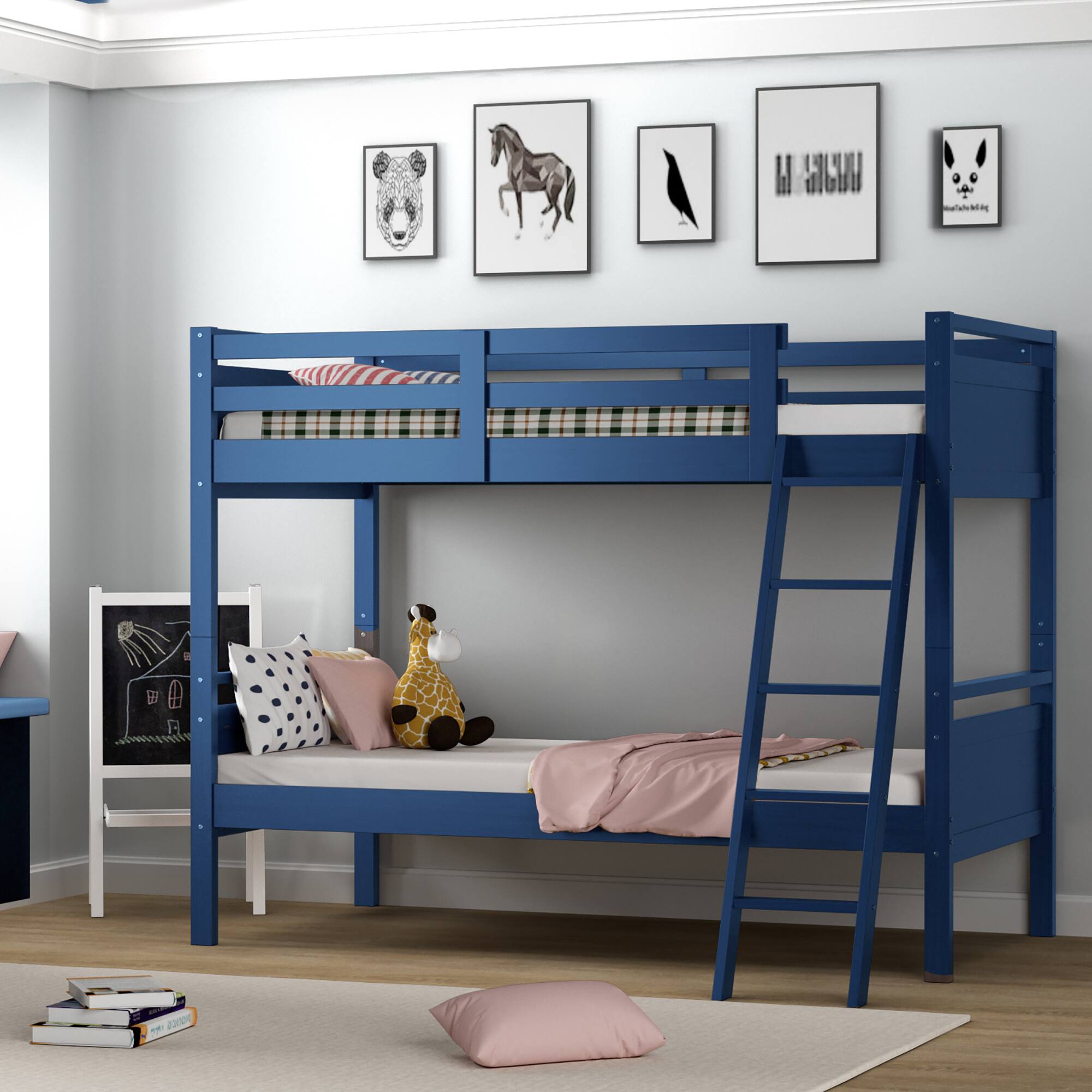 Alt View 4. Costway - Costway Twin Over Twin Bunk Bed Convertible 2 Individual Beds Wooden - Navy.