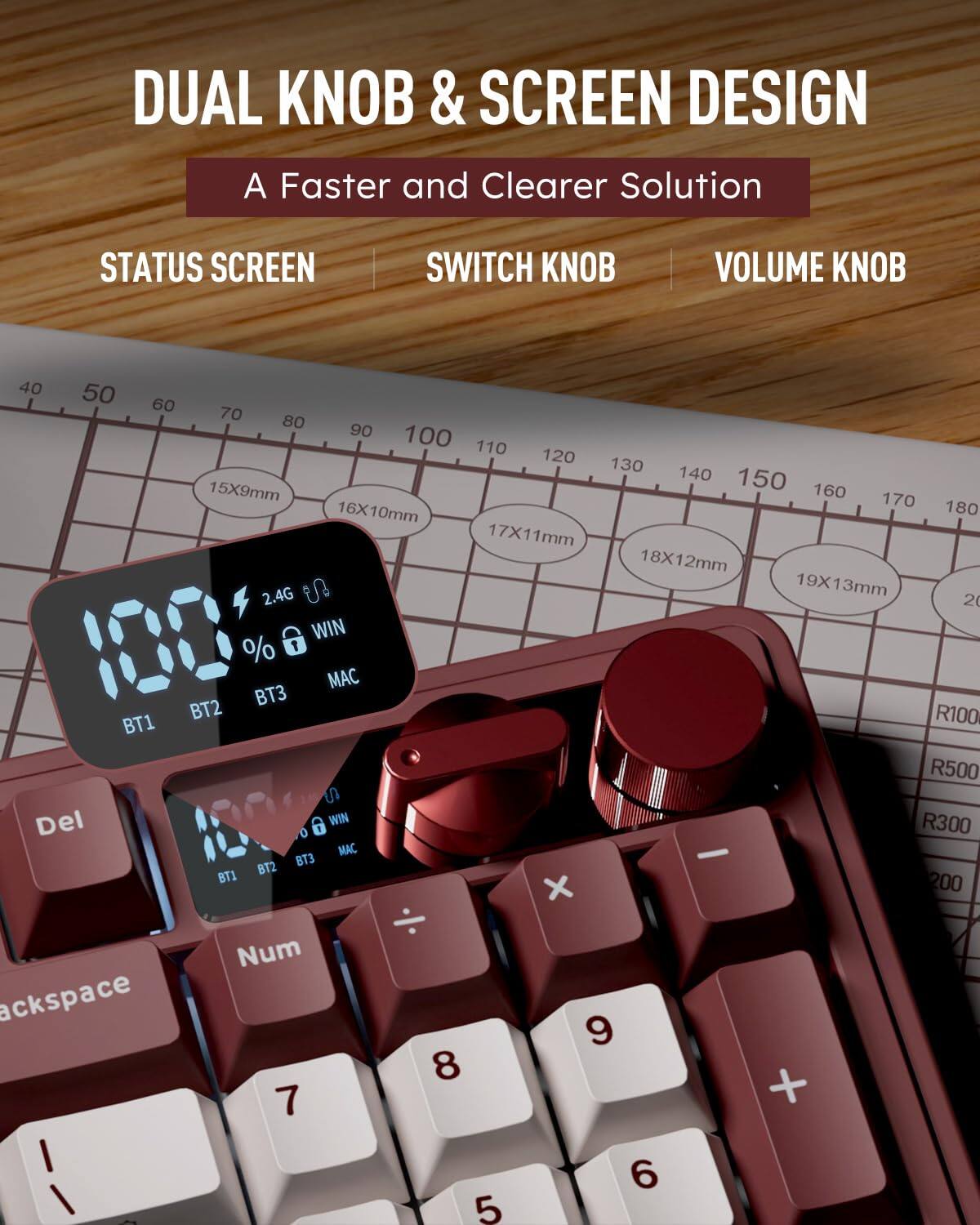 DUAL KNOB & SCREEN DESIGN  
A Faster and Clearer Solution  

STATUS SCREEN  
SWITCH KNOB  
VOLUME KNOB  

15X9mm  
16X10mm  
17X11mm  
18X12mm  
19X13mm  

2.4G  

100%  
WIN  
MAC  
BT1  
BT2  
BT3  

Del  
Num  
Backspace  
7  
8  
9  
+  
4  
5  
6  
-  
1  
2  
3  
0  
.  
/  
×  
÷  

R100  
R300  
R500  
R200