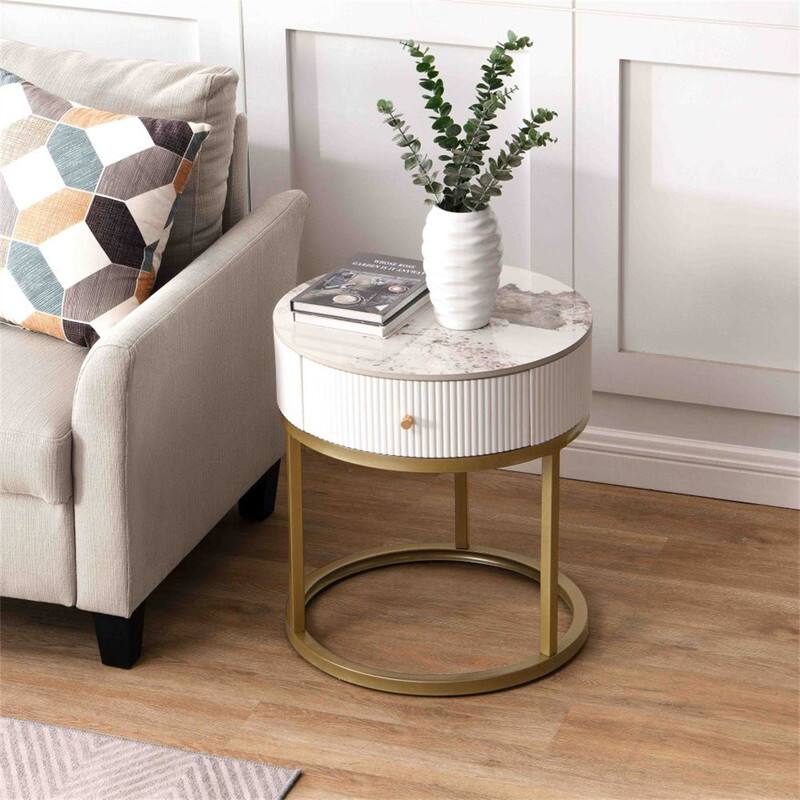 Alt View 6. HTUTWOO - Modern Nightstand - 19.68 Inch Marble Round End Table with Drawer, Storage Side Table for Living Room & Bedroom - White.