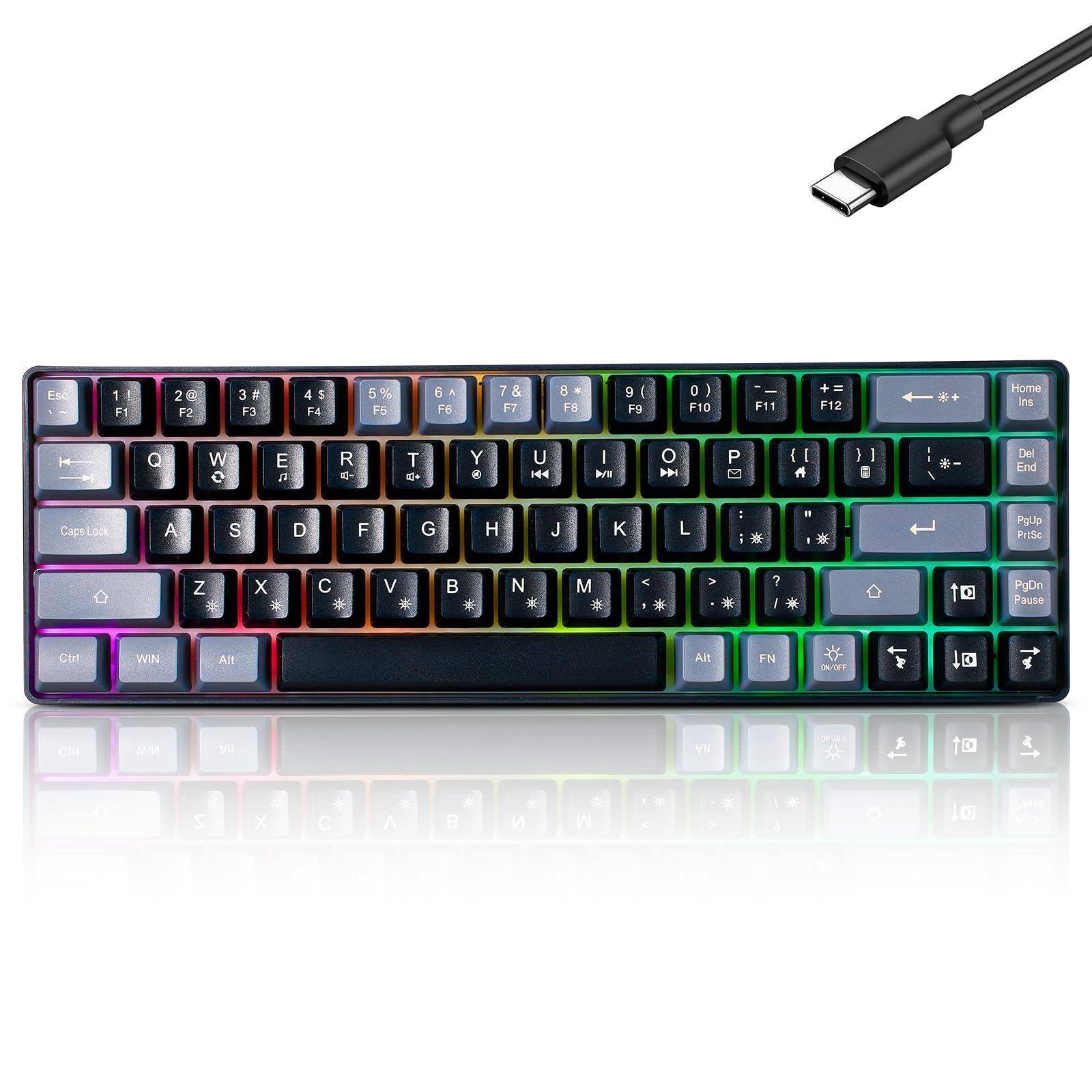 PARKER SLATER - Wired Portable 60% Mechanical Feeling Gaming Rgb Led Backlit Compact 68 Keys Mini Office For Windows Laptop Pc Gamer Ty - black and grey