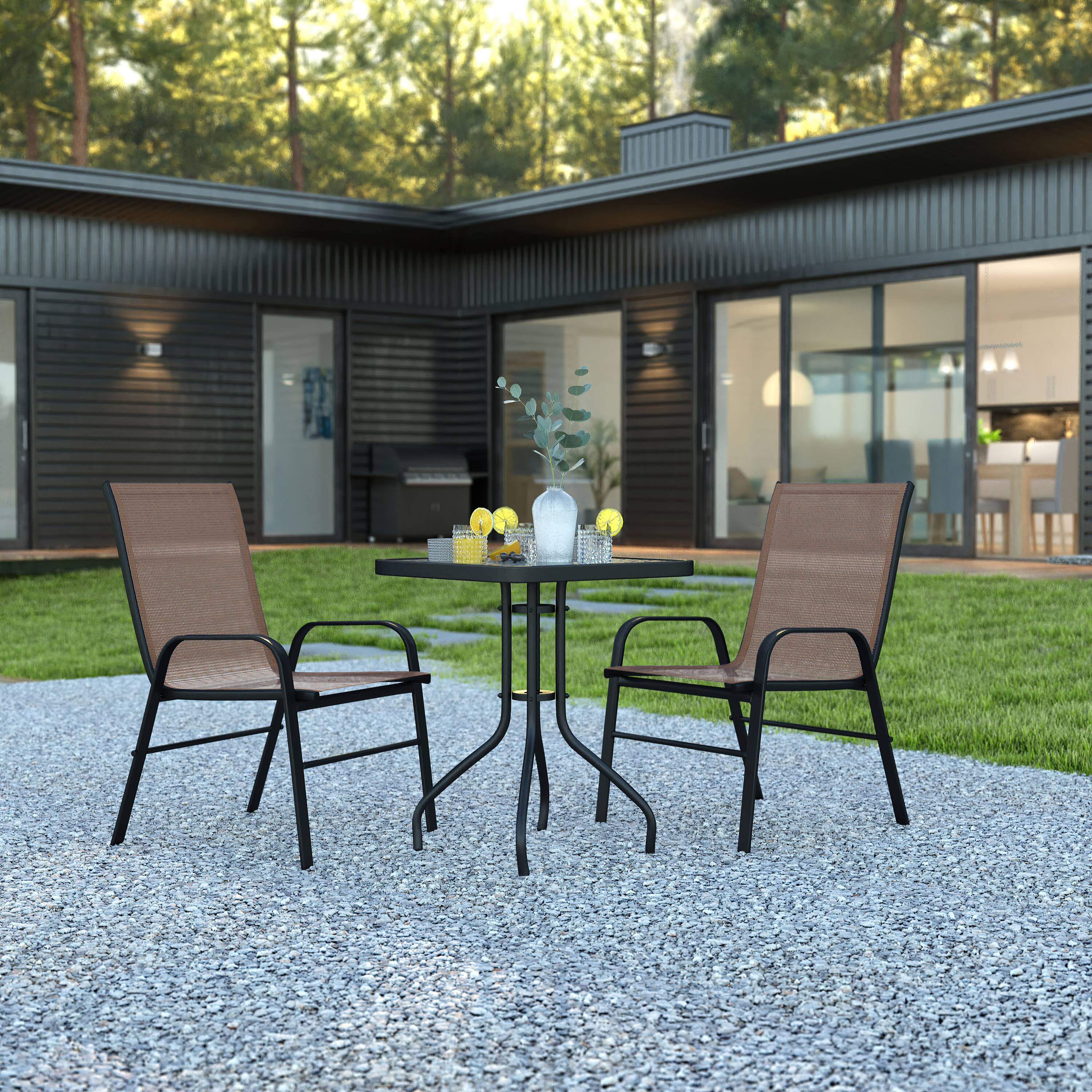 Alt View 1. Emma + Oliver - Three Piece Patio Table Set with Square Metal Frame Table with Tempered Glass Top and Two Flex Comfort Stacking Chairs - Brown.