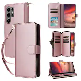 Dteck - Crossbody Wallet Case for Samsung Galaxy S25 Ultra, Shockproof Zipper Pocket PU Leather Folio Cover with 9 Card Slots - Rosegold