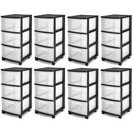 Sterilite - 3 Drawer Plastic Rolling Storage Cart, Clear with Frame (8-Pack) - Black