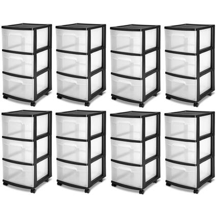 Front. Sterilite - Sterilite 3 Drawer Plastic Rolling Storage Cart, Clear with Black Frame (8-Pack) - Black.