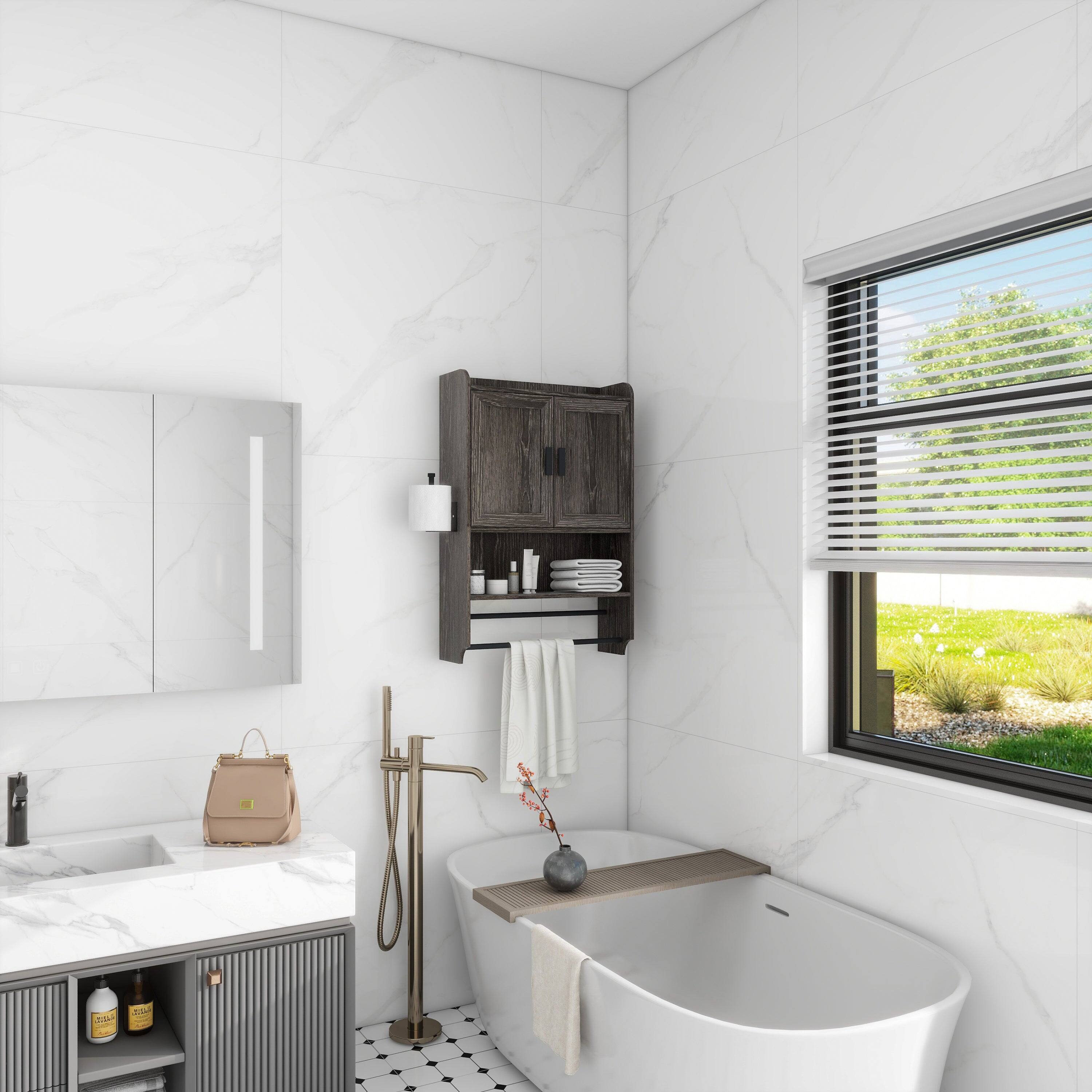 Angle. BreeBe - Bathroom Wall Cabinet with Doors Adjustable Shelf Towel Bar Paper Holder Over-Toilet Medicine Storage Cabinet Grey - Grey.