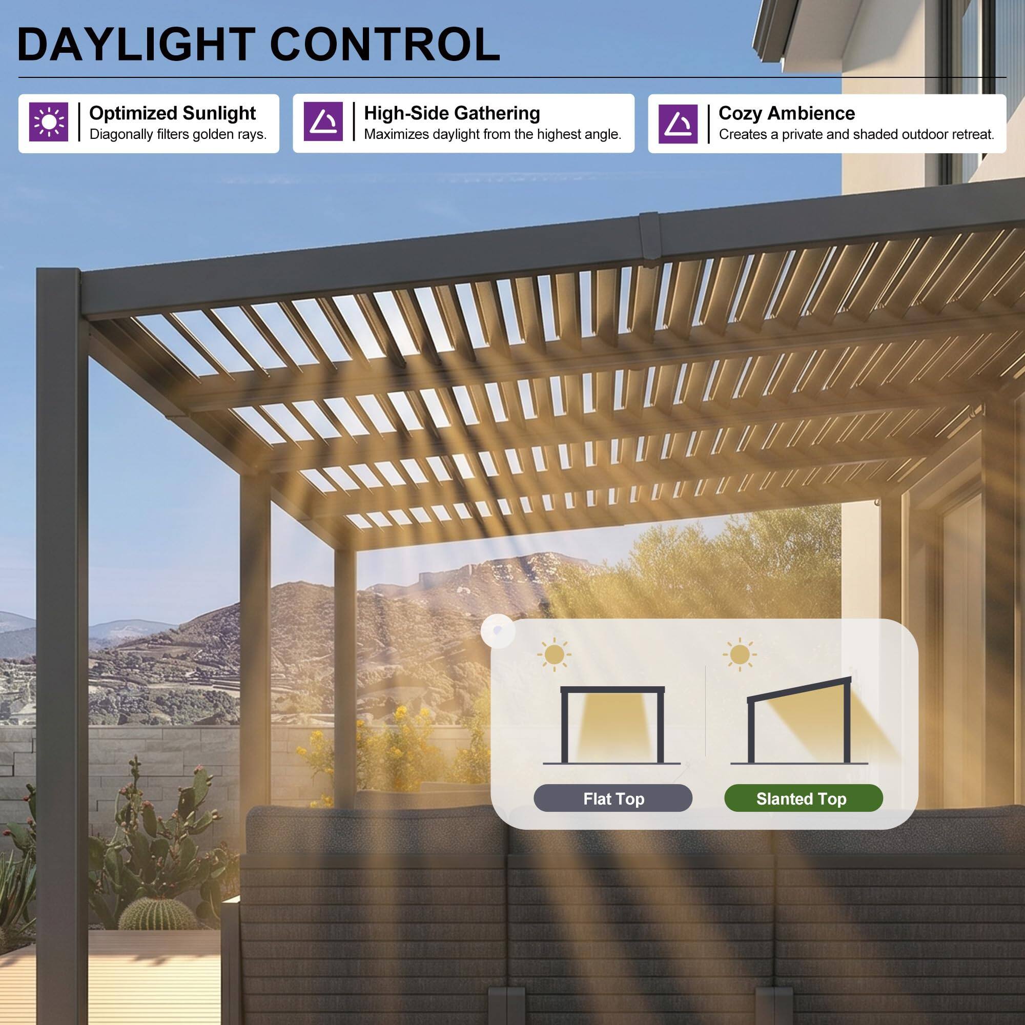 DAYLIGHT CONTROL

- Optimized Sunlight
  - Diagonally filters golden rays.

- High-Side Gathering
  - Maximizes daylight from the highest angle.

- Cozy Ambience
  - Creates a private and shaded outdoor retreat.

Flat Top
Slanted Top