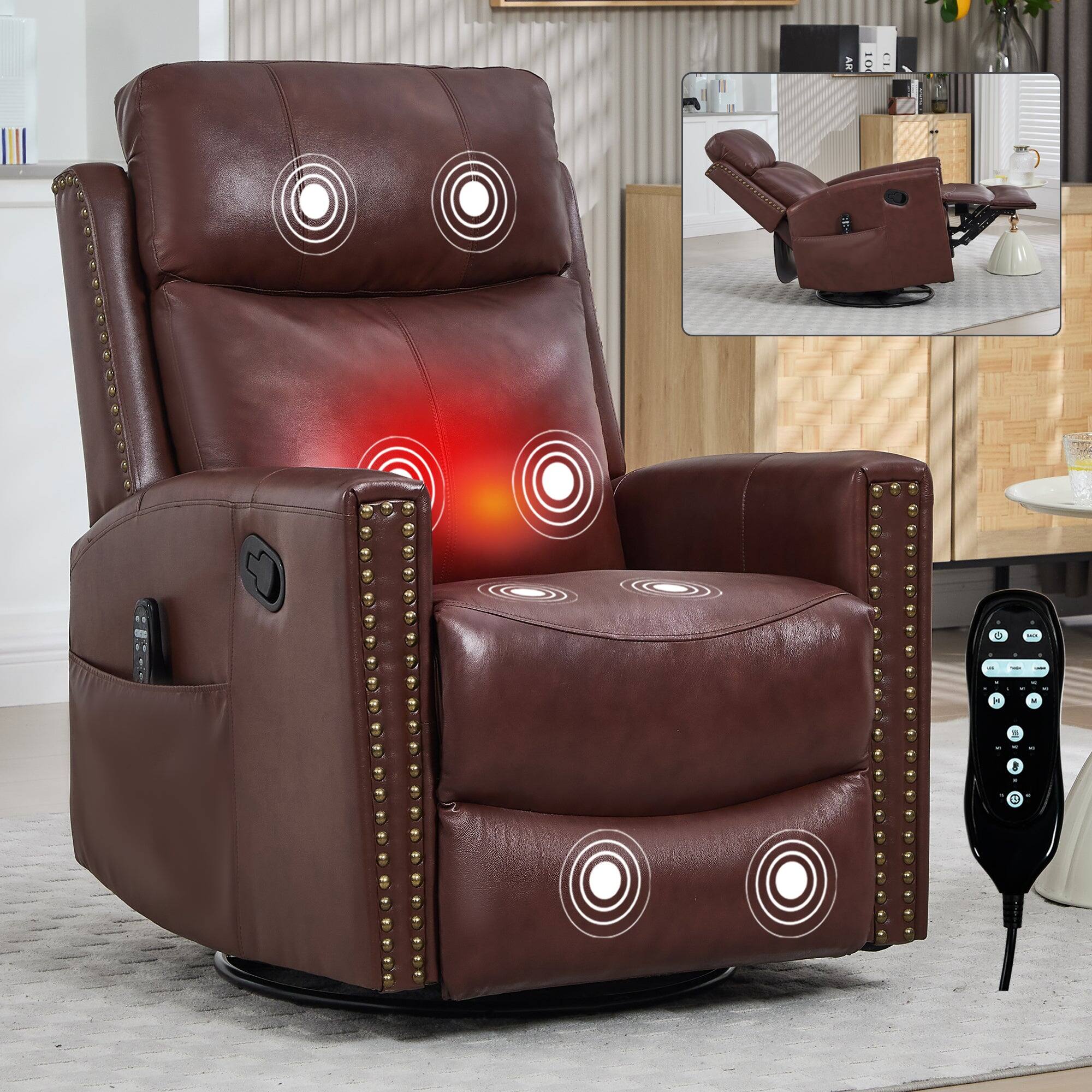 Alt View 1. Boyel Living - Wine Red Genuine Leather Manual Recliner, Heat & Massage, Rocker & Swivel, Living Room Chair - Wine Red.