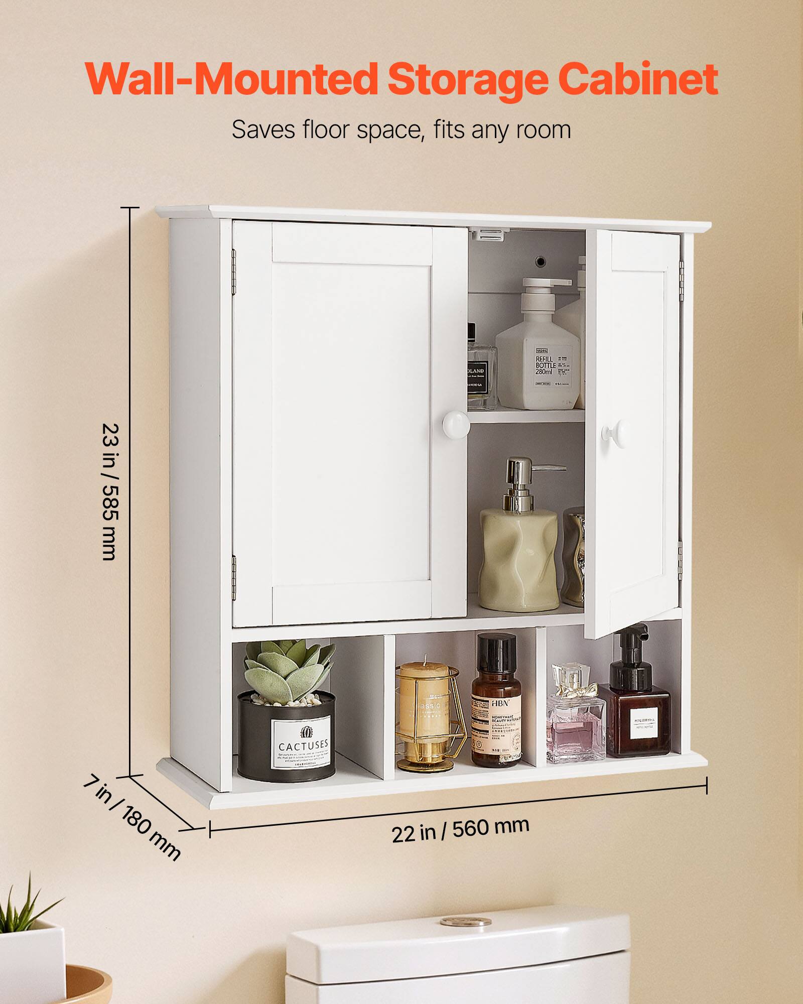 Wall-Mounted Storage Cabinet  
Saves floor space, fits any room  

23 in / 585 mm  
7 in / 180 mm  
22 in / 560 mm