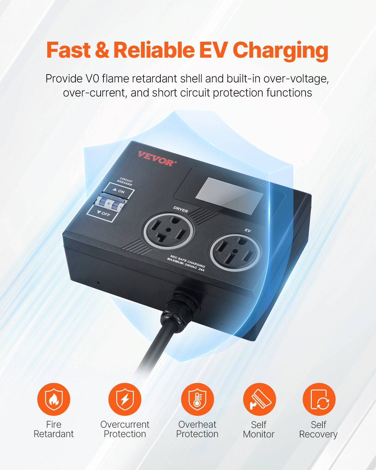 Fast & Reliable EV Charging

Provide VO flame retardant shell and built-in over-voltage, over-current, and short circuit protection functions

- Fire Retardant
- Overcurrent Protection
- Overheat Protection
- Self Monitor
- Self Recovery