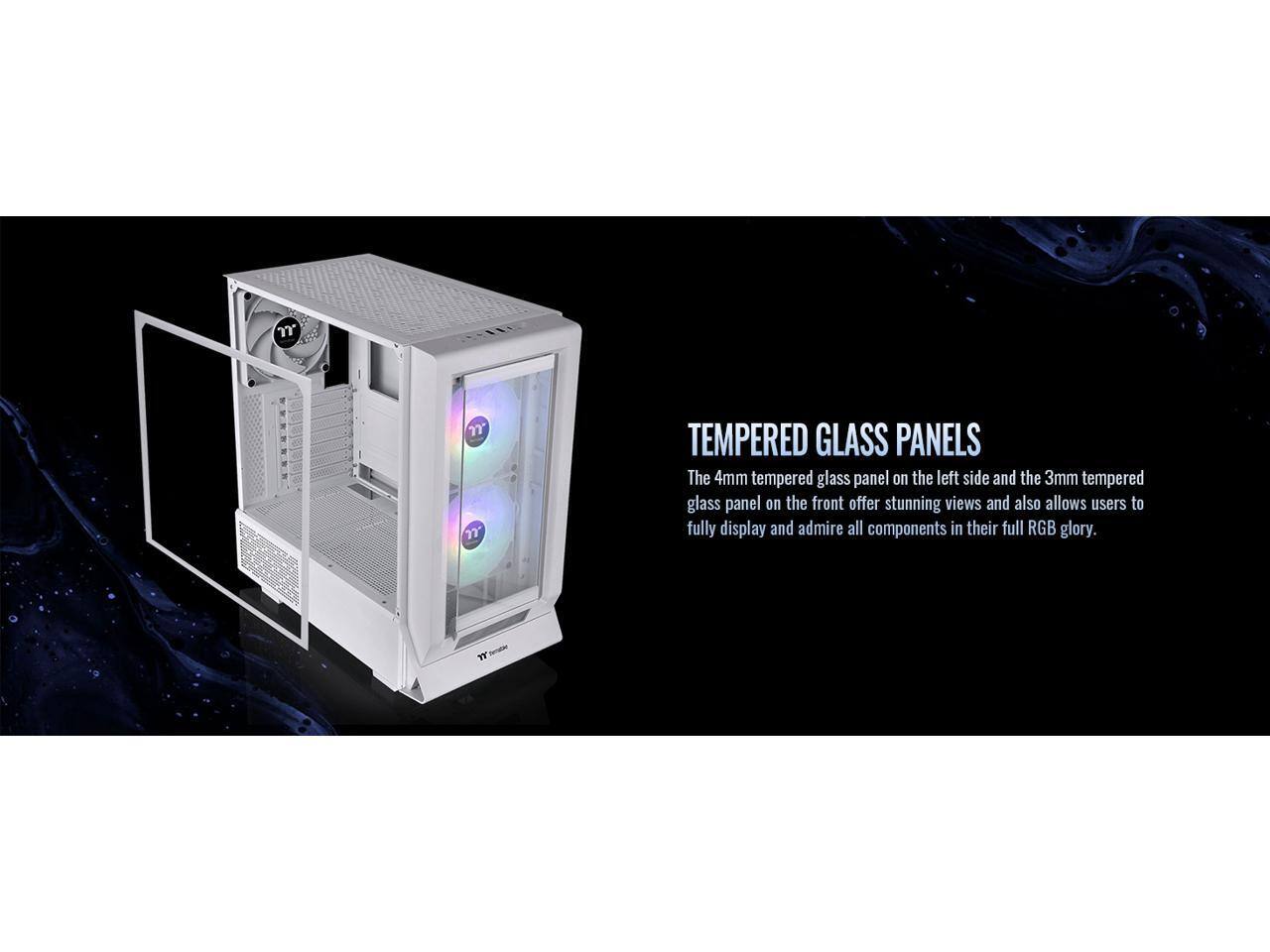 1. TEMPERED GLASS PANELS  
   The 4mm tempered glass panel on the left side and the 3mm tempered glass panel on the front offer stunning views and also allow users to fully display and admire all components in their full RGB glory.