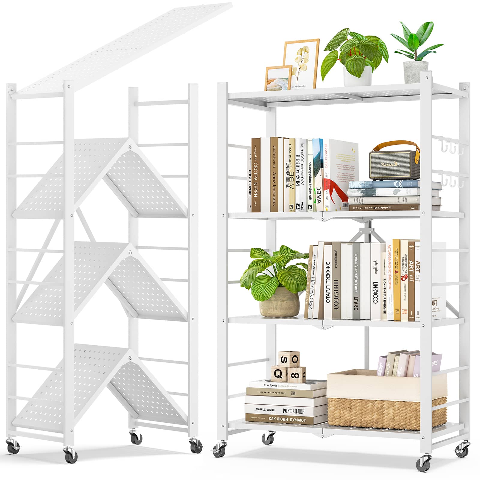 Sugift - 4-Tier Foldable Storage Shelves, Metal Storage Rack with Wheels and Hooks - White