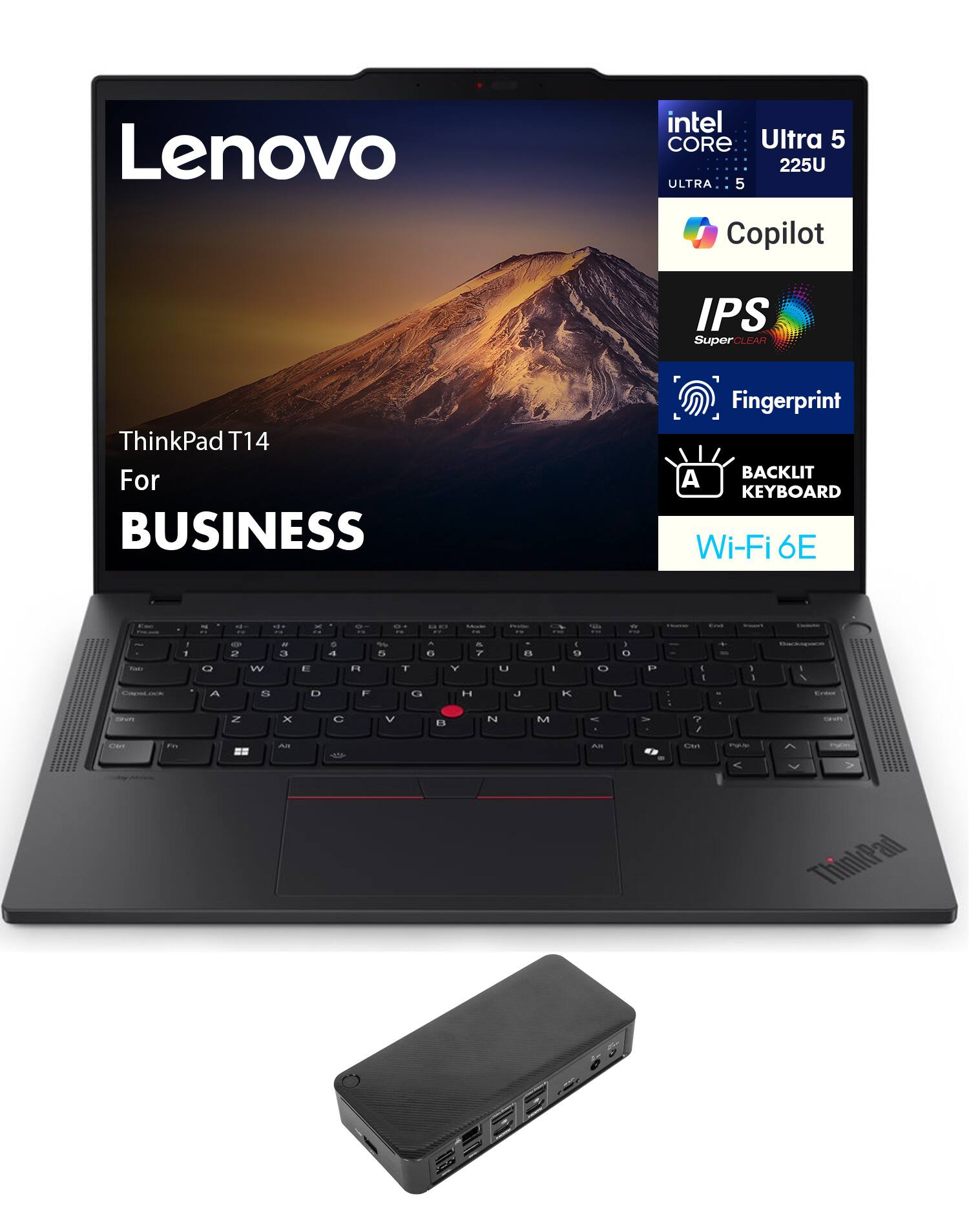 Lenovo ThinkPad T14 For BUSINESS

Intel Core Ultra 5 225U

Copilot

IPS SuperCLEAR

Fingerprint

BACKLIT KEYBOARD

Wi-Fi 6E