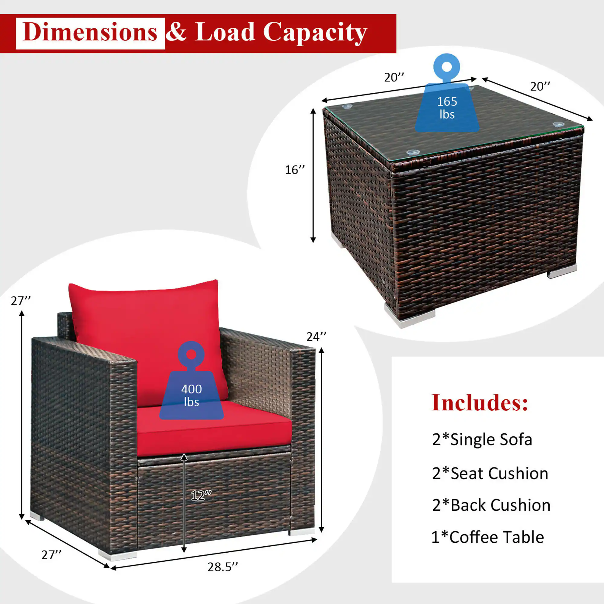 Dimensions & Load Capacity

- 20" x 20" x 16" - 165 lbs
- 27" x 28.5" x 24" - 400 lbs

Includes:
- 2*Single Sofa
- 2*Seat Cushion
- 2*Back Cushion
- 1*Coffee Table