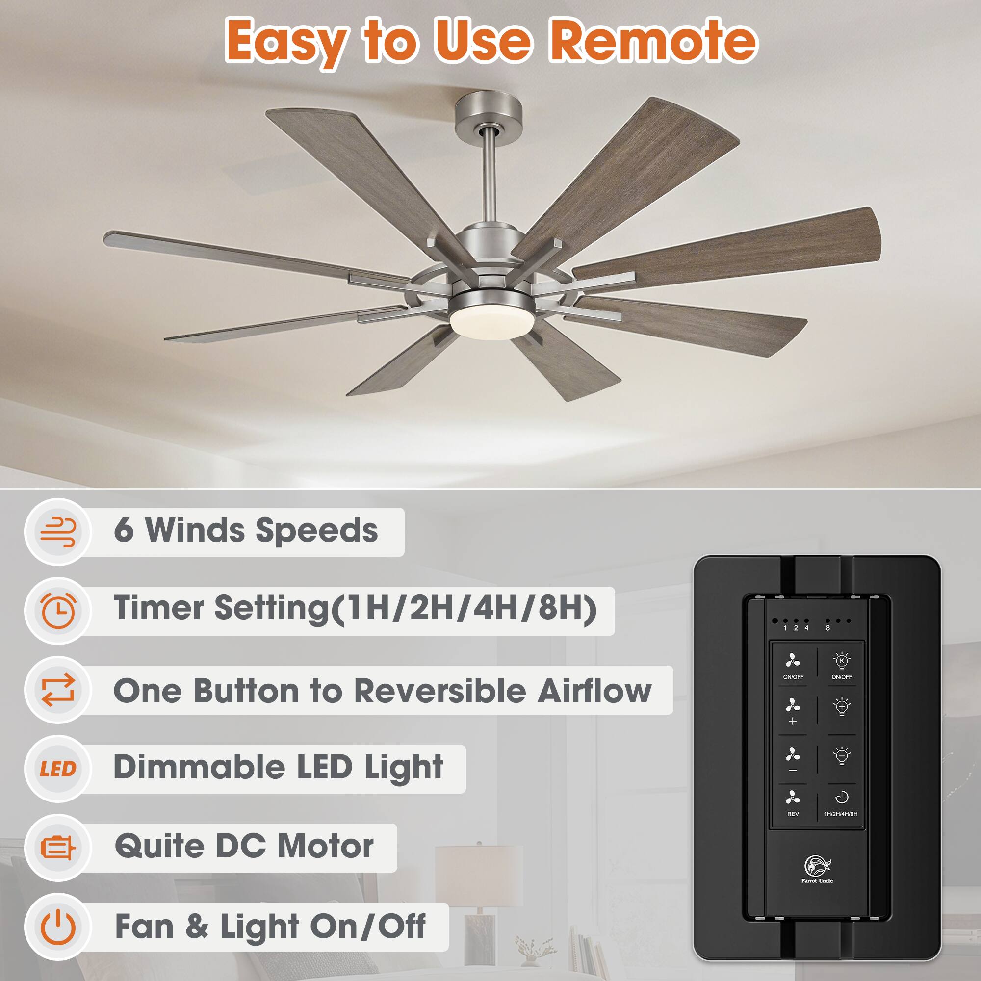 Easy to Use Remote

6 Winds Speeds

Timer Setting(1H/2H/4H/8H)

One Button to Reversible Airflow

Dimmable LED Light

Quite DC Motor

Fan & Light On/Off