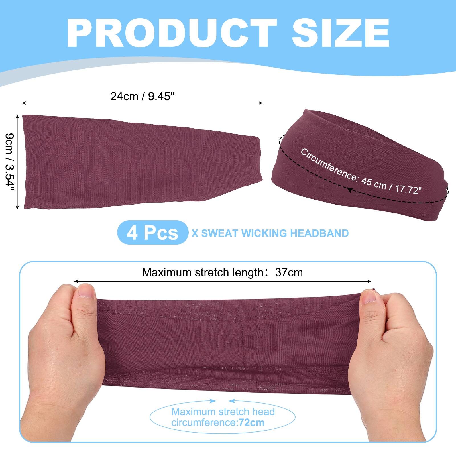 PRODUCT SIZE

24cm / 9.45"  
9cm / 3.54"  
Circumference: 45 cm / 17.72"  

4 Pcs X SWEAT WICKING HEADBAND  

Maximum stretch length: 37cm  
Maximum stretch head circumference: 72cm