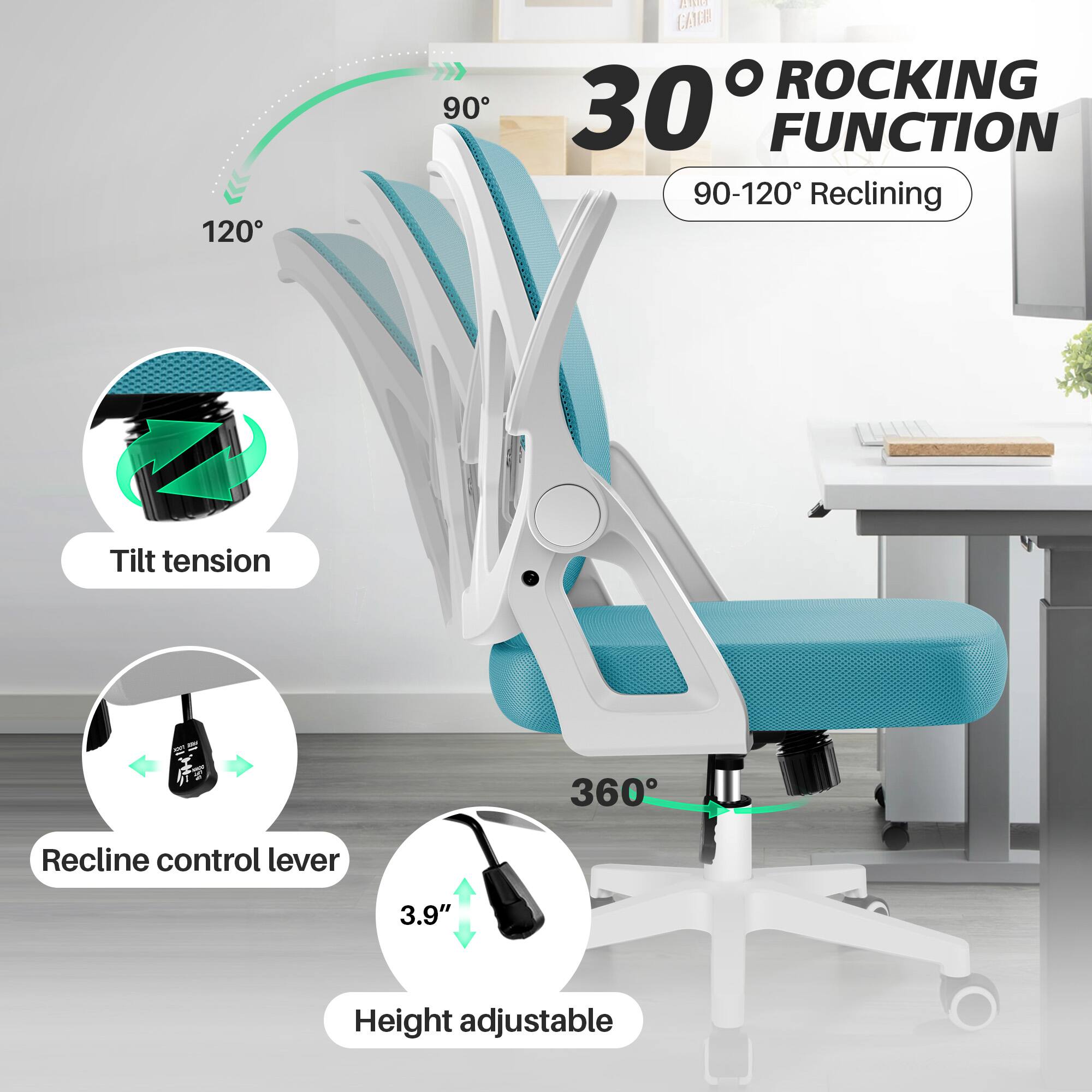 120  
90  
FRIGI CANCEL O ROCKING 30° FUNCTION 90-120° Reclining  
Tilt tension  
360°  
Recline control lever  
3.9"  
Height adjustable