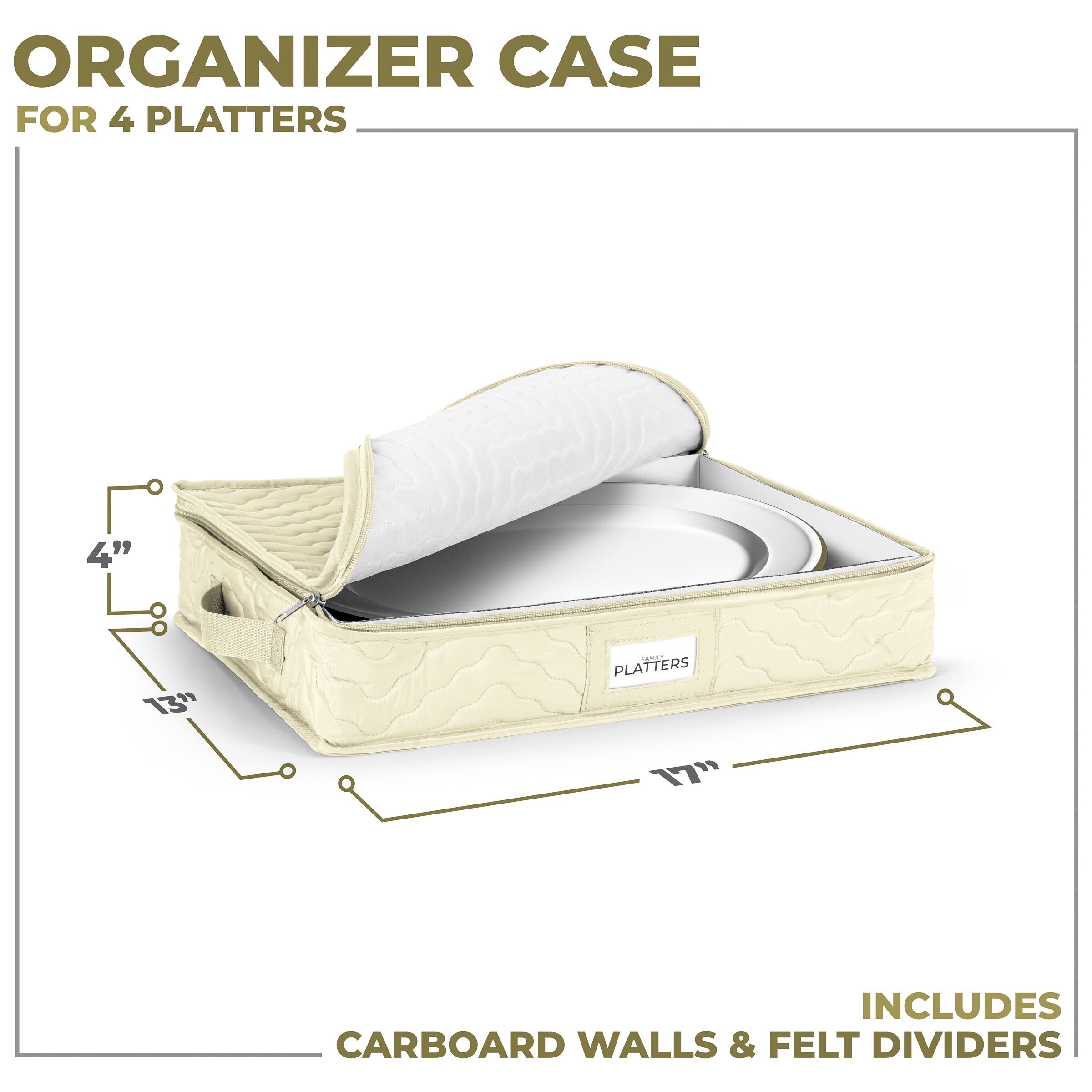ORGANIZER CASE  
FOR 4 PLATTERS  

4" x 13" x 17"  

INCLUDES CARBOARD WALLS & FELT DIVIDERS