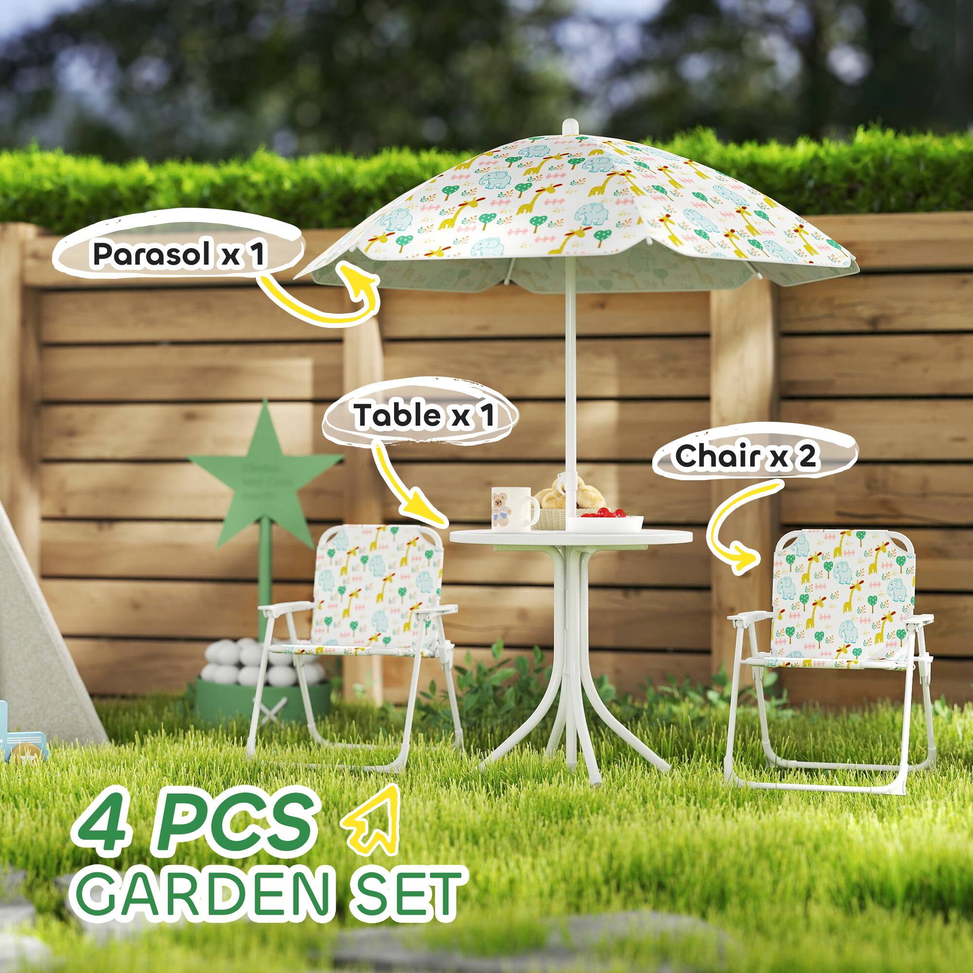 Parasol x 1  
Table x 1  
Chair x 2  

4 PCS GARDEN SET