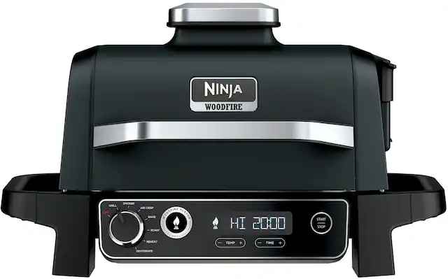 Ninja Woodfire Grill Off Smoker - Air Crisp Bake Woodfire Flavor Roast Technology Reheat . 07 70 HI 20:00 Temp + Time + Start Stop Dehydrate