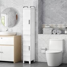 Vecelo - 6 Tier Slim Bathroom Storage Cabinet with Doors, Plastic Toilet Side Organizer, Freestanding Space-Saving Unit - White