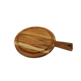 EcoDecors - 14" Round Teak Cutting Board with Handle, FSC Certified Solid Wood - Natural Edge Grain Teak