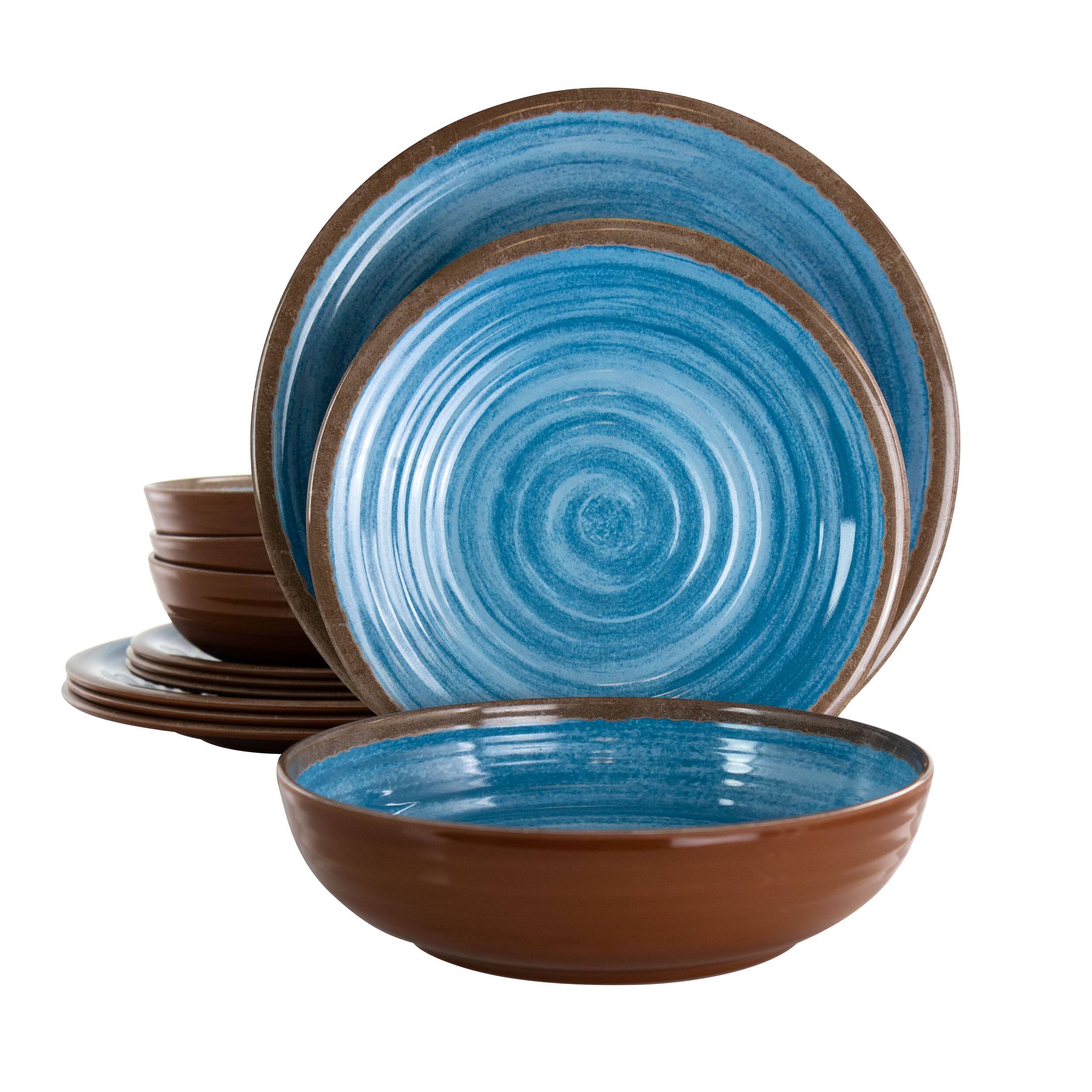 Elama - Rippled Tides 12 Piece Lightweight Melamine Dinnerware Set - Blue