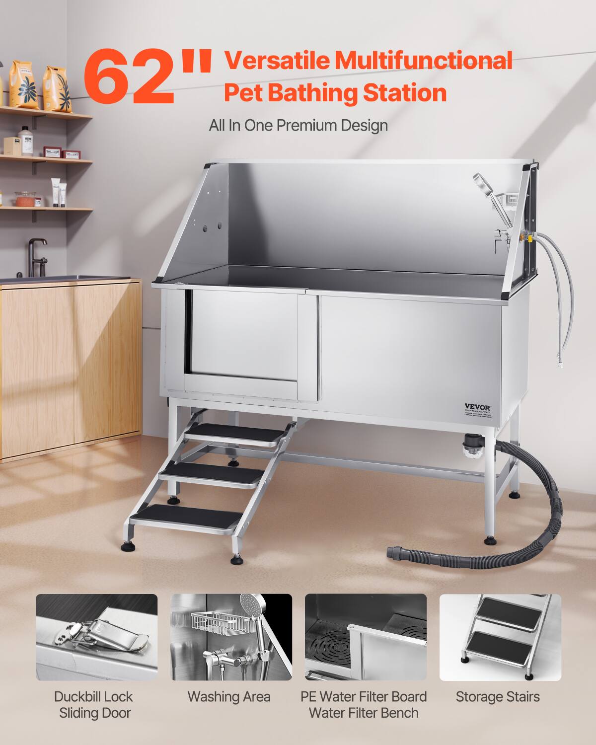 62" Versatile Multifunctional Pet Bathing Station  
All In One Premium Design  

- Duckbill Lock Sliding Door  
- Washing Area  
- PE Water Filter Board  
- Water Filter Bench  
- Storage Stairs