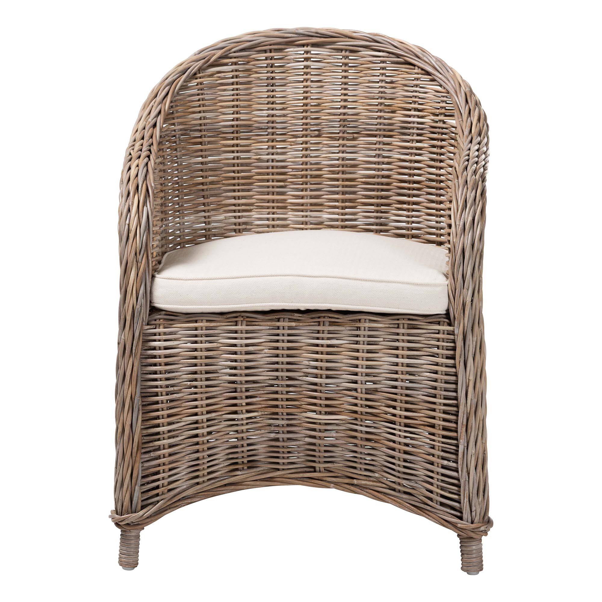 Angle. bali & pari - Amanda Natural Rattan Armchair – Handwoven Wicker Barrel Chair with Removable Cushion, Coastal Boho Style Accent Seating - Kubu Grey.