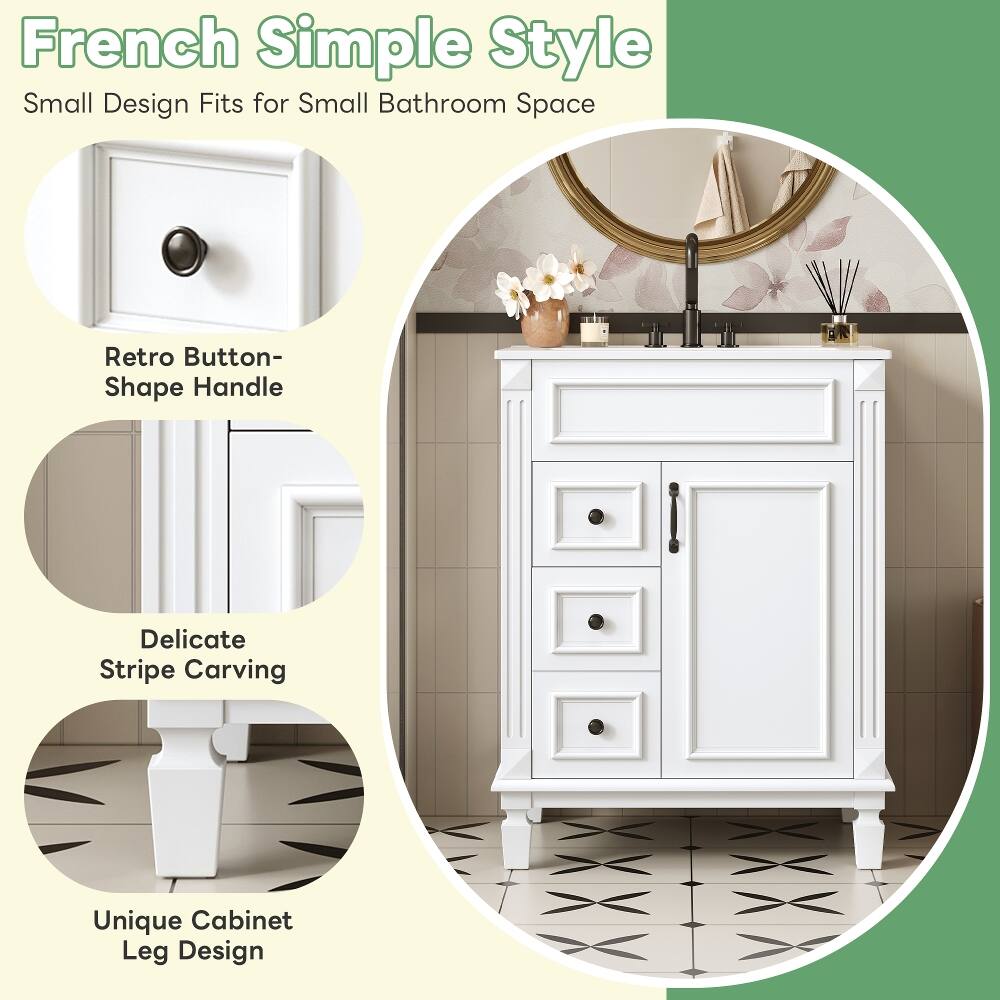 French Simple Style  
Small Design Fits for Small Bathroom Space  

Retro Button-Shape Handle  
Delicate Stripe Carving  
Unique Cabinet Leg Design