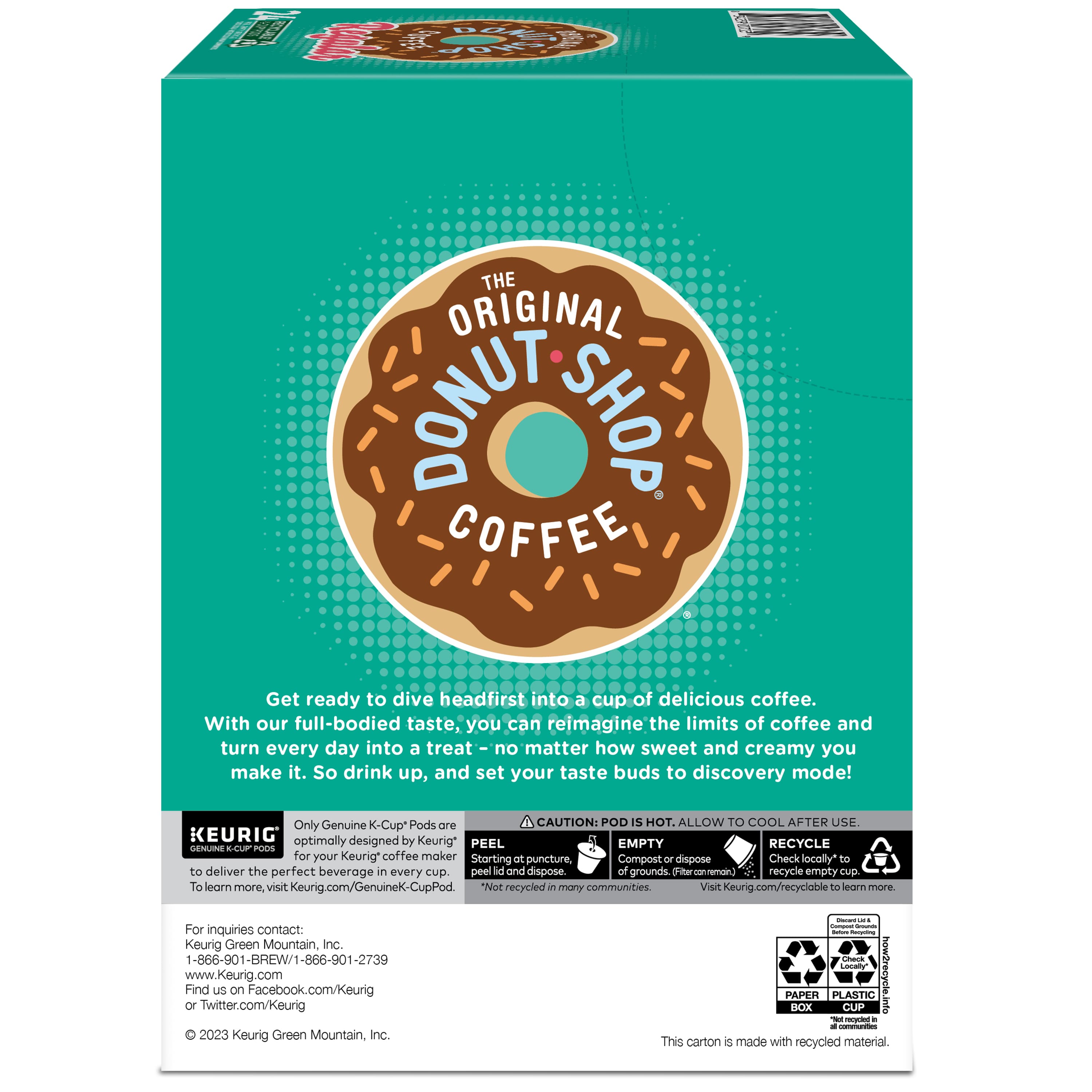 The Original Donut Shop Coffee is a full-bodied coffee that can be enjoyed with a sweet and creamy taste. It is designed for use with Keurig coffee makers and comes in a green box. The coffee is made from genuine K-Cup pods, which are optimally designed for your Keurig coffee maker. The box also contains a peel-and-empty recyclable cup, and it is recommended to check locally for recycling options. To learn more, visit Keurig.com/GenuineK-CupPod. The Original Donut Shop Coffee is a delicious treat that can be enjoyed every day.