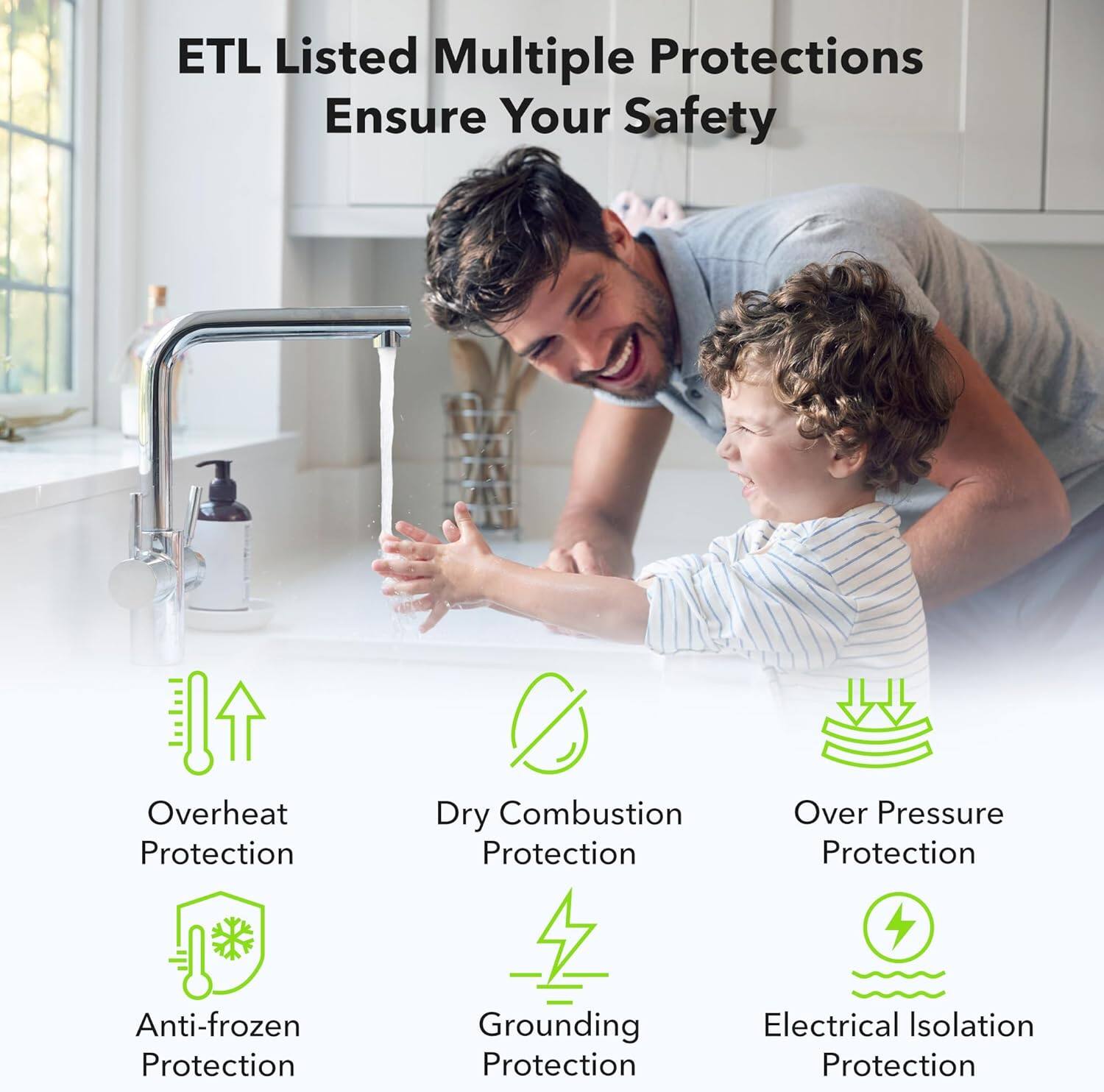 ETL Listed Multiple Protections Ensure Your Safety

- Overheat Protection
- Dry Combustion Protection
- Over Pressure Protection
- Anti-frozen Protection
- Grounding Protection
- Electrical Isolation Protection
