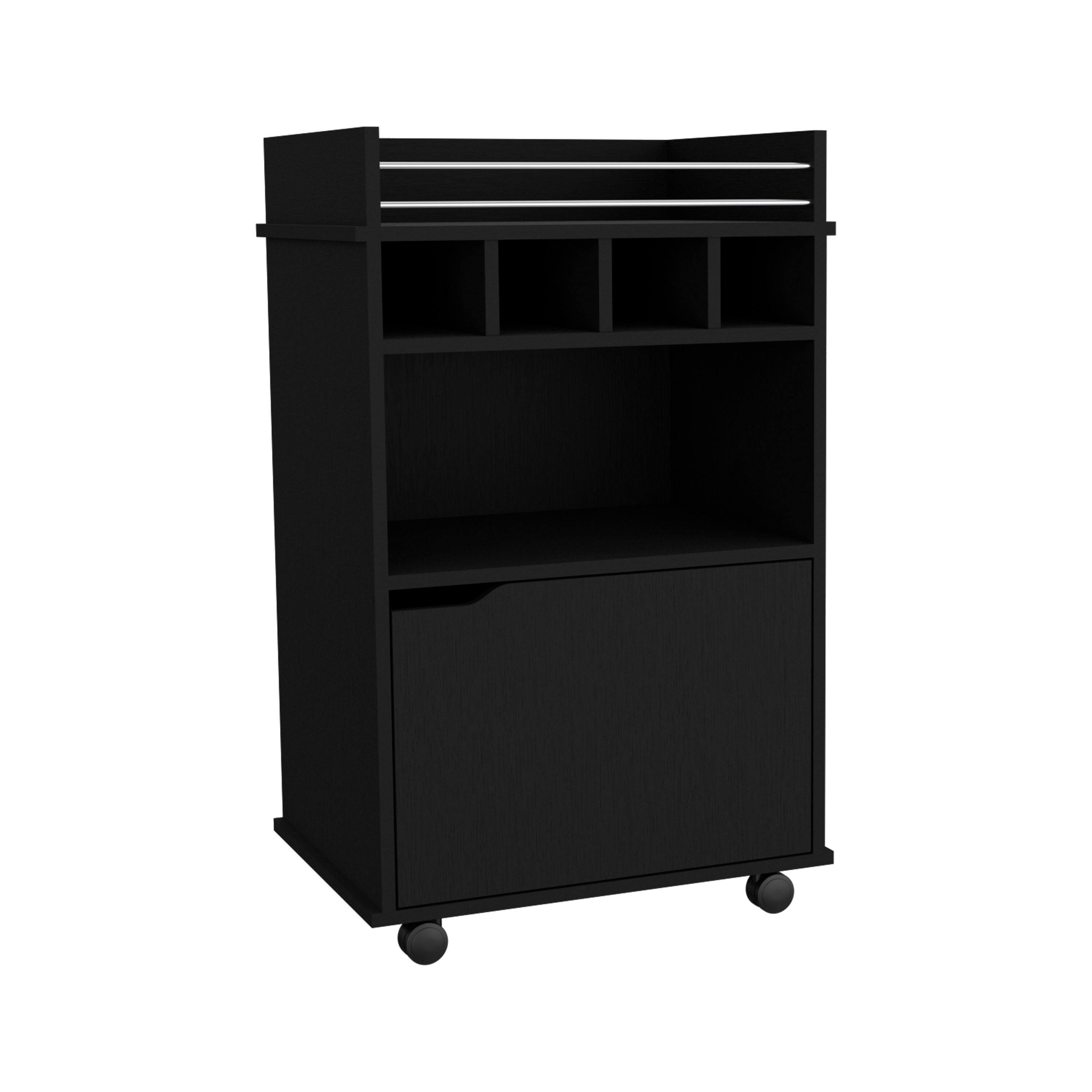 Front. TuHome - Phoenix Bar Cart with 2 Open Shelves, 4 Wine Cubbies, One Cabinet, Bar Room. - Black.