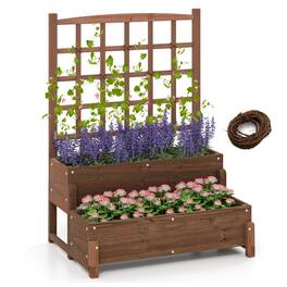 Gymax - Raised Garden Bed w/ Trellis w/ Drainage Holes Legs Twisting Rope for Backyard - Rustic Brown