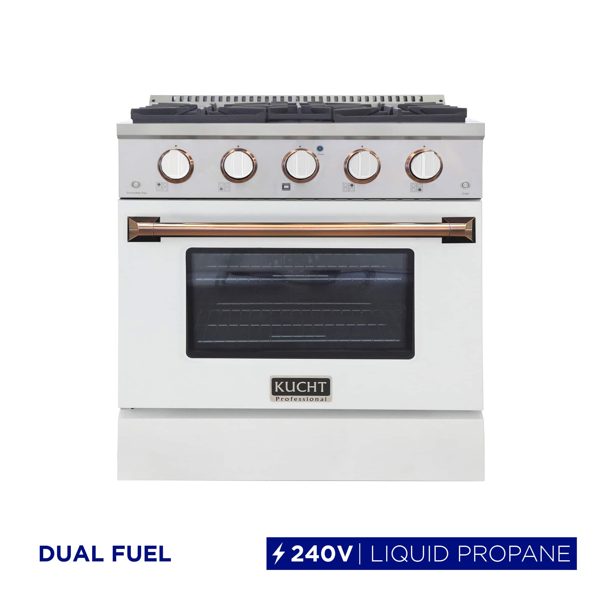Kucht - 30" Dual Fuel Range for LP, SS/White Door, White Knobs, Gold Handle & Rings, Convection Oven - White & Gold