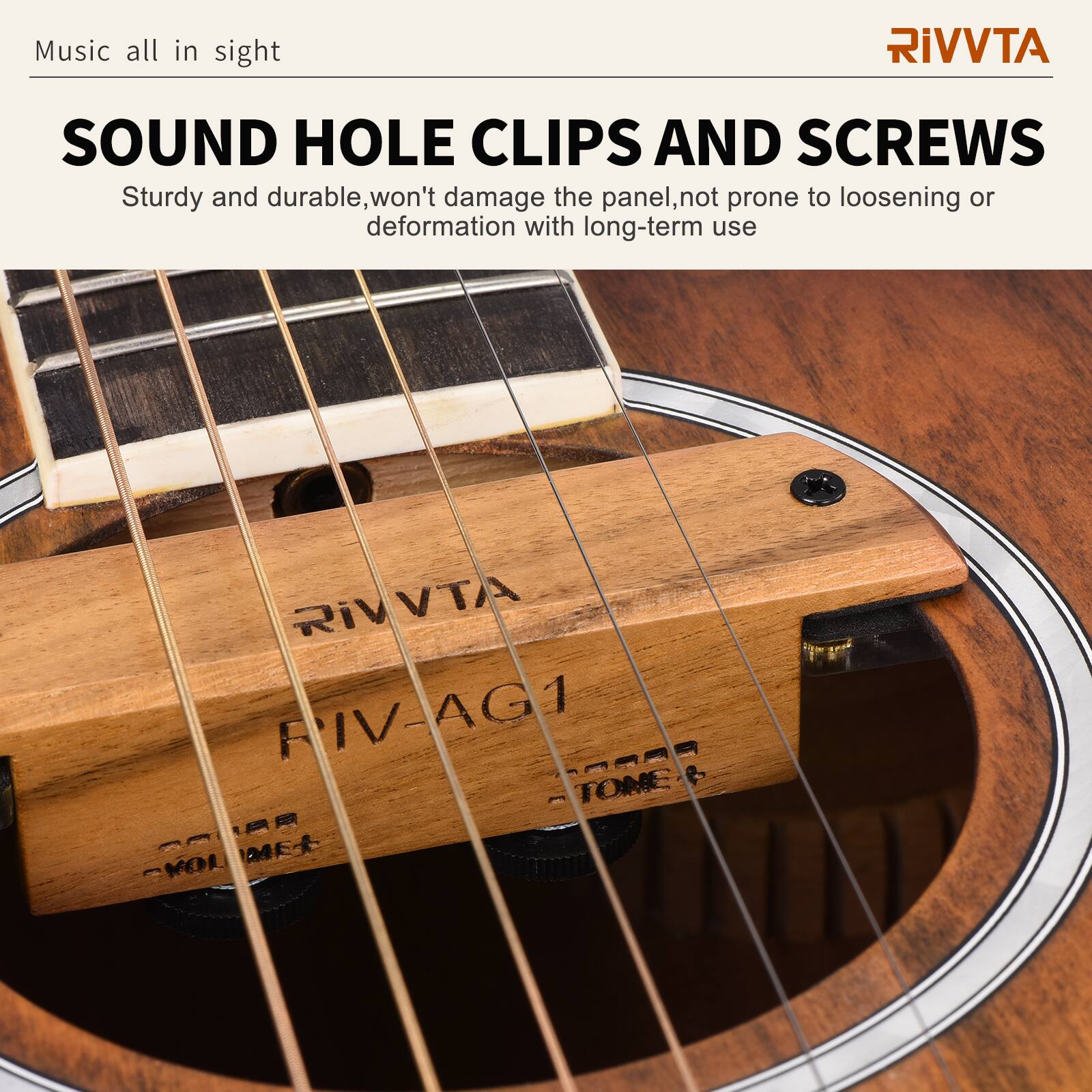 Music all in sight

RIVVTA SOUND HOLE CLIPS AND SCREWS

Sturdy and durable, won't damage the panel, not prone to loosening or deformation with long-term use

RIVVTA RIV-AG1

TONE
VOLUME