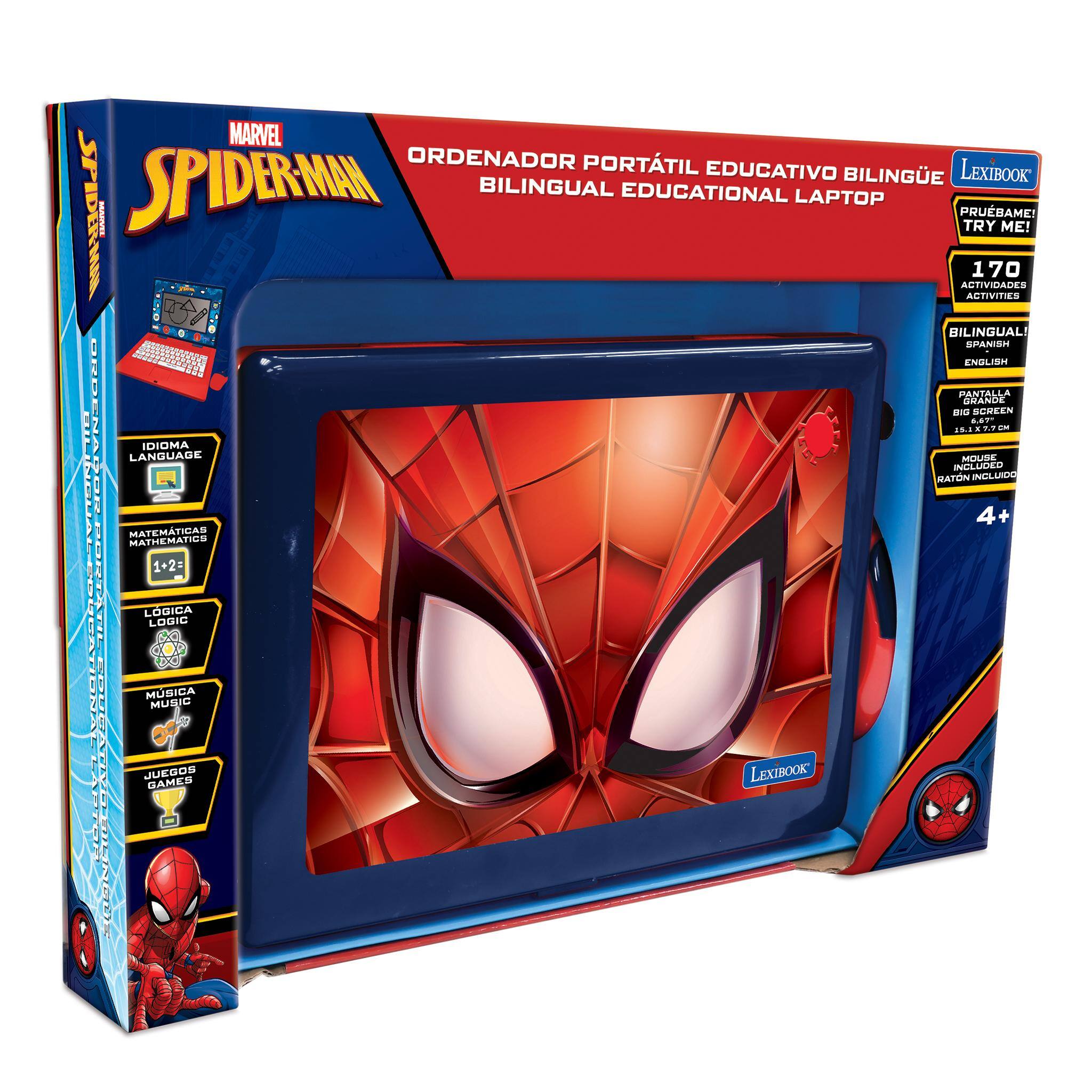 MARVEL SPIDERMAN ORDENADOR PORTÁTIL EDUCATIVO BILINGÜE LEXIBOOK SPIDERMAN BILINGUAL EDUCATIONAL LAPTOP SPIDERMAN PRUEBAME! I TRY ME! 170 ACTIVIDADES ACTIVITIES BILINGÜE SPANISH ENGLISH PANTALLA GRANDE SCREEN LABE P I. A E: LANGUAJE IDIOMA MOUSE INCLUDED MATON INCLUIDO 4+ MATEMÁTICAS MATHEMATICS 1+2= LÓGICA LOGIC MÚSICA MUSIC JUEGOS GAMES LEXIBOOK LASTOR