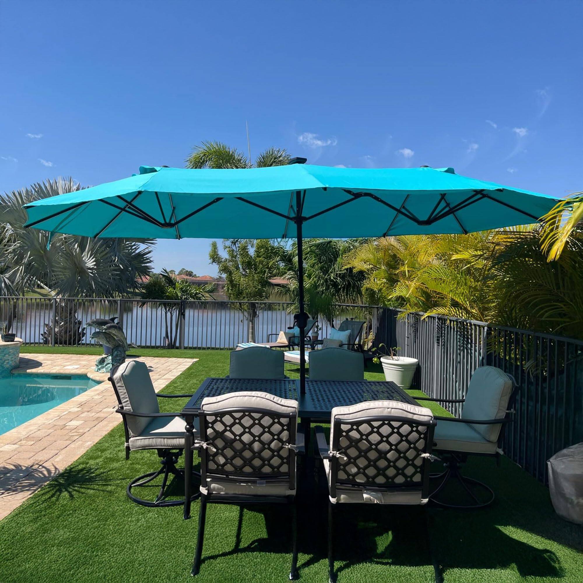 Alt View 1. PURPLE LEAF - 13 ft. Patio Market Umbrella with Base Double-Sided Outdoor Table Sun Umbrellas with Crank for Pool Beach Deck Backyard - Turquoise Blue.