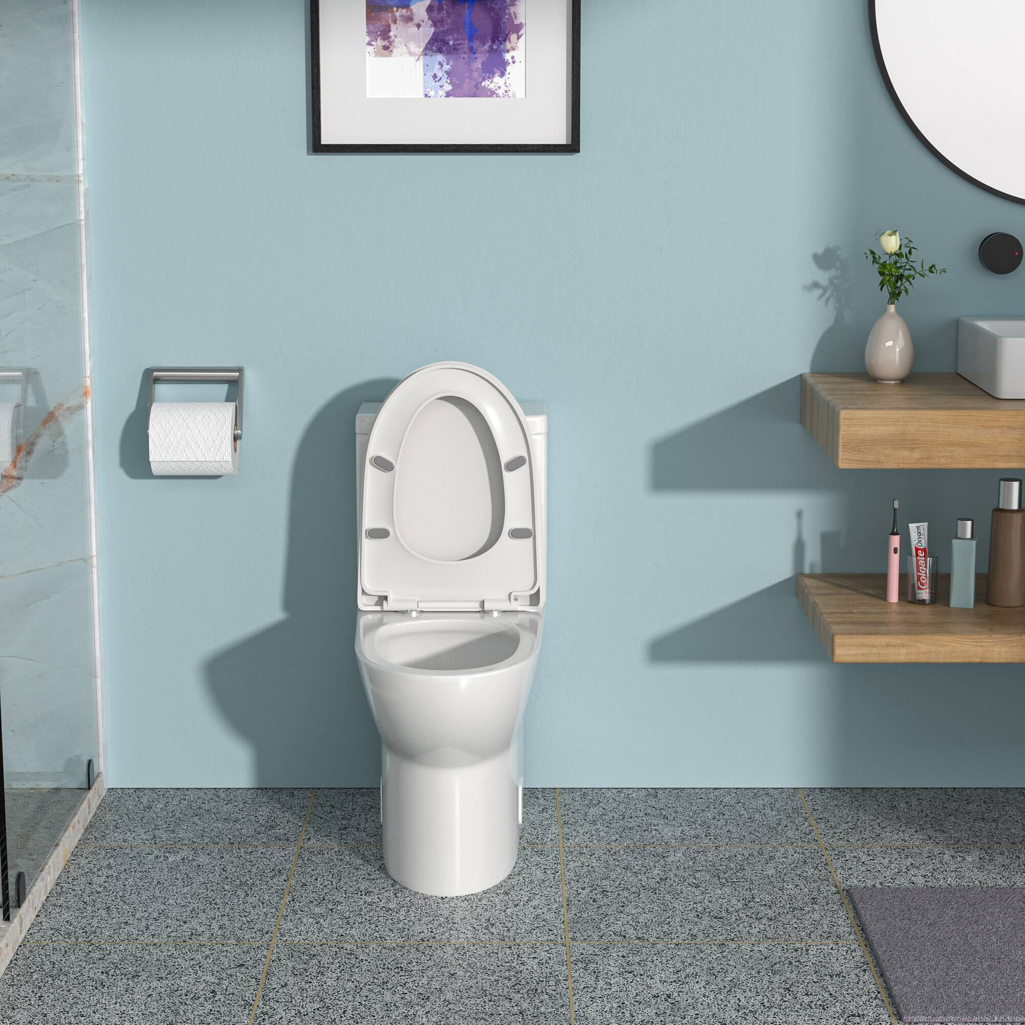 Angle. TinyHomie - Ceramic One Piece Toilet Dual Flush with Soft Closing Seat - White.