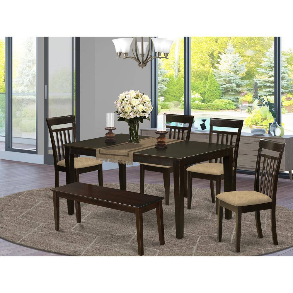 Left. East West Furniture - CAP6S-CAP-C 6 PC Dining room set-Top Kitchen Table and 4 Kitchen Chairs plus a bench - Cappuccino.